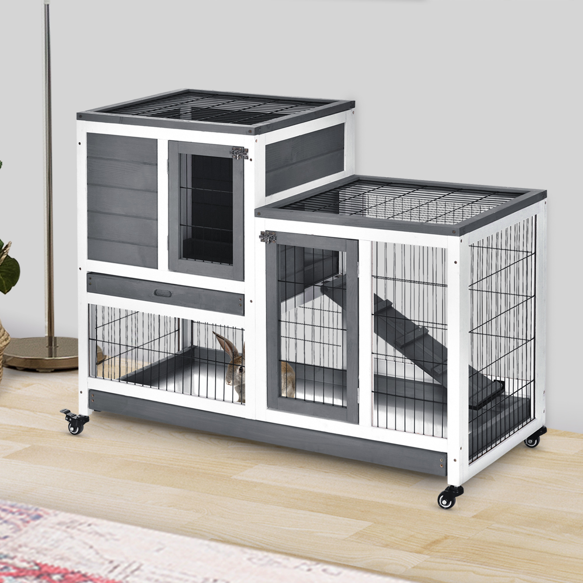 Wooden Rabbit Hutch, Indoor Bunny Cage with Wheels, Pull Out Trays, Run, Grey