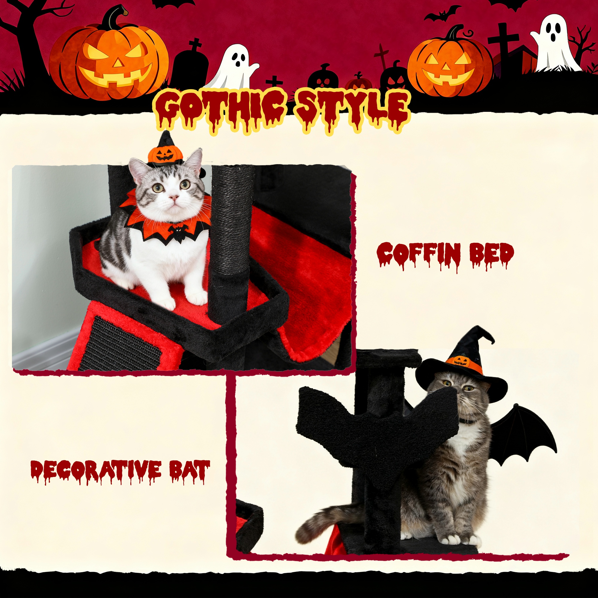 Gothic Cat Tree, 60" Tall Cat Tower with Coffin Bed, Sisal Scratching Posts & Ramp, Condo, Hammock, Perches, Black
