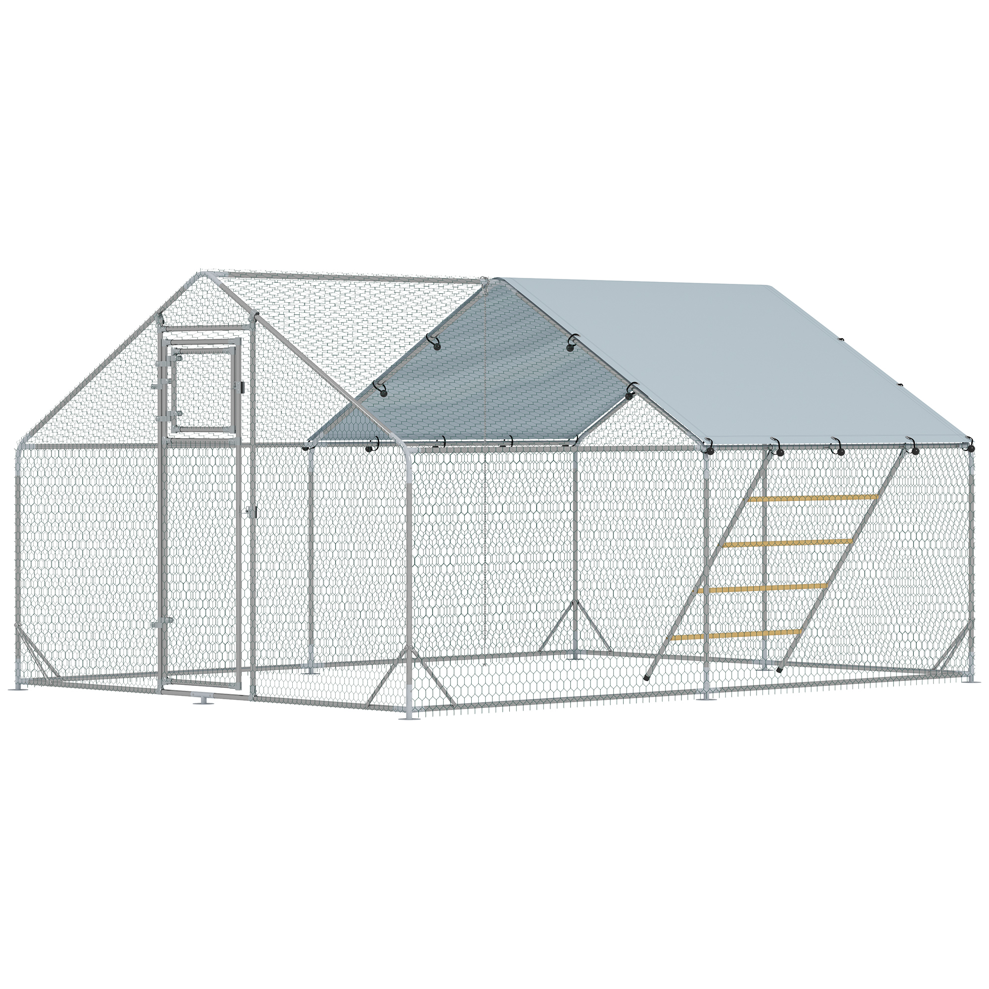 Large Metal Chicken Run with Waterproof & UV-Resistant Cover, Feeding Door, Hanging Feeder, Perch for 12-18 Chickens