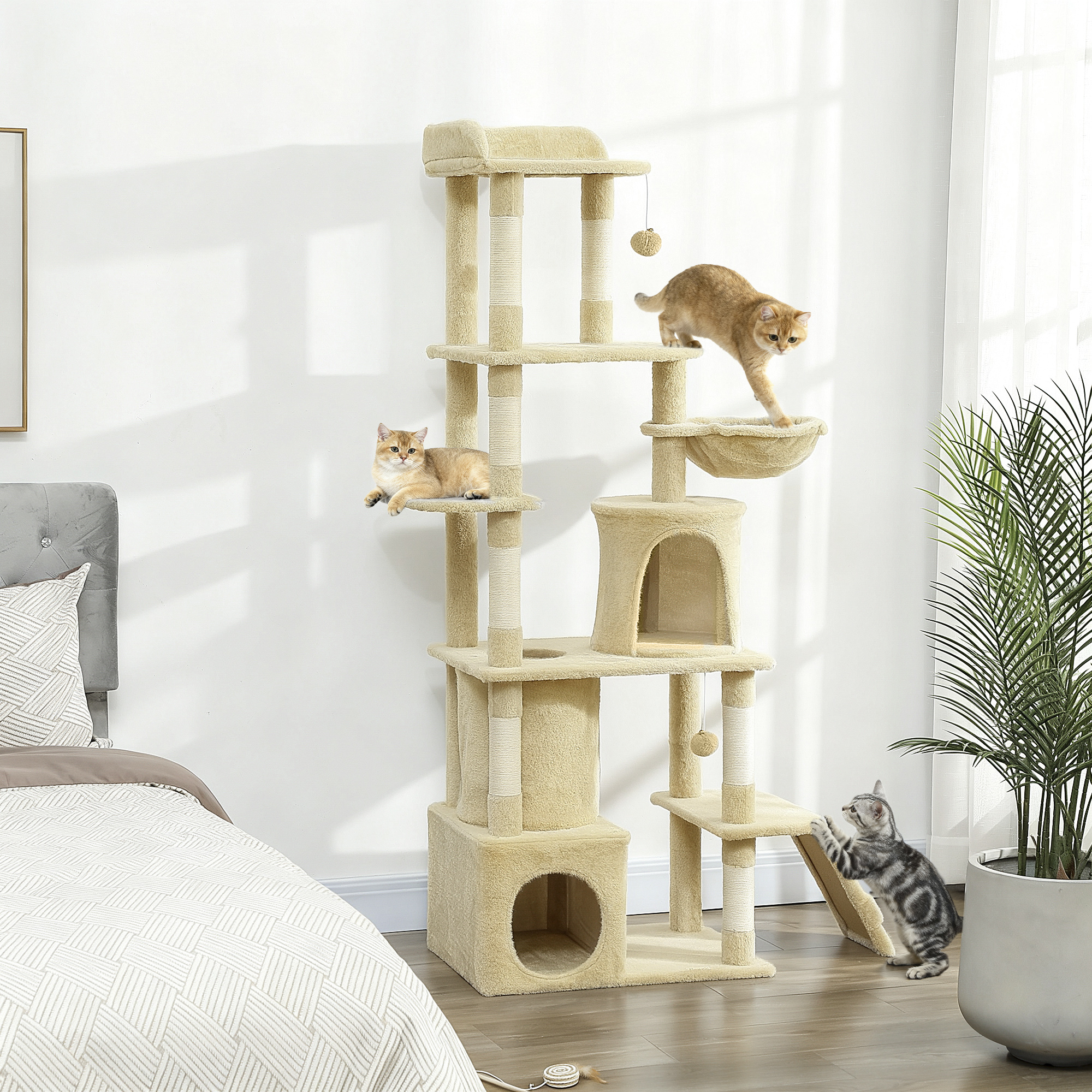 67" Large Cat Tree with 7 Scratching Posts, Tunnel, 2 Condos, Hammock, Perch, Ramp, Pompoms, Beige