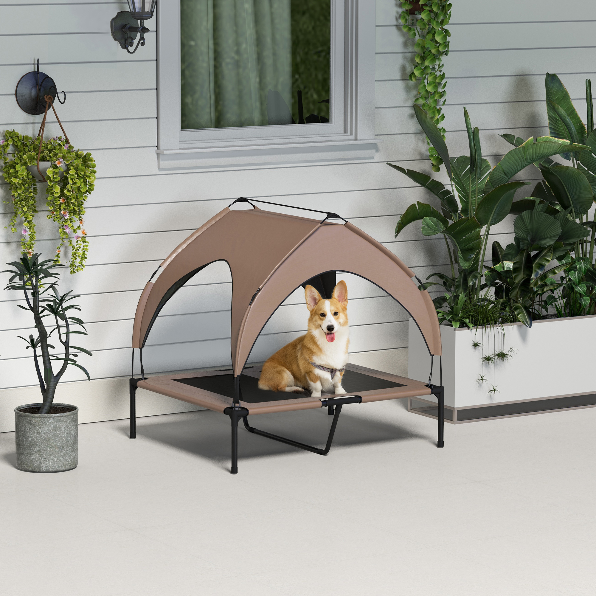 Raised Dog Bed Cooling Dog Cot w/ Canopy Washable Breathable Mesh, for Medium and Large Dogs, Coffee