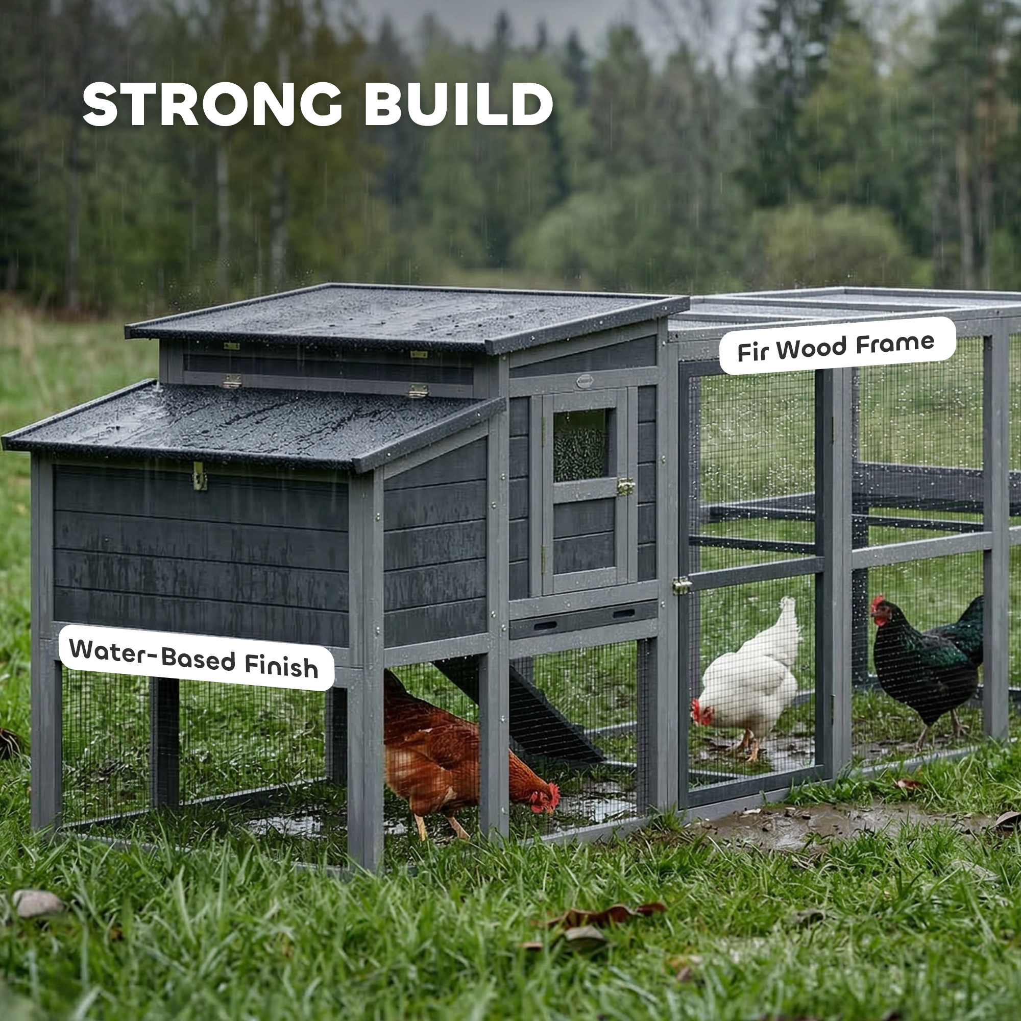 Large Chicken Coop, Wooden Hen House with Covered Run, Nesting Box, Pull-Out Tray, Opening Asphalt Roof