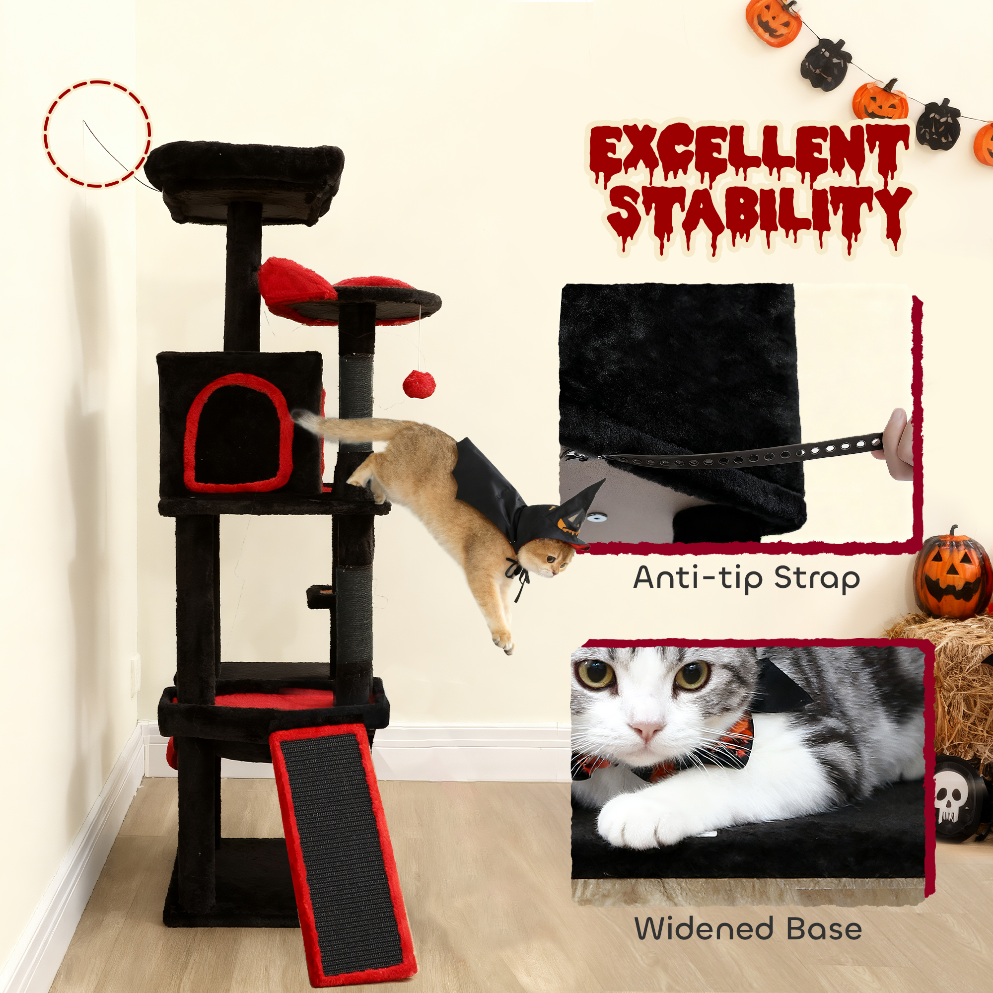 Gothic Cat Tree, 60" Tall Cat Tower with Coffin Bed, Sisal Scratching Posts & Ramp, Condo, Hammock, Perches, Black