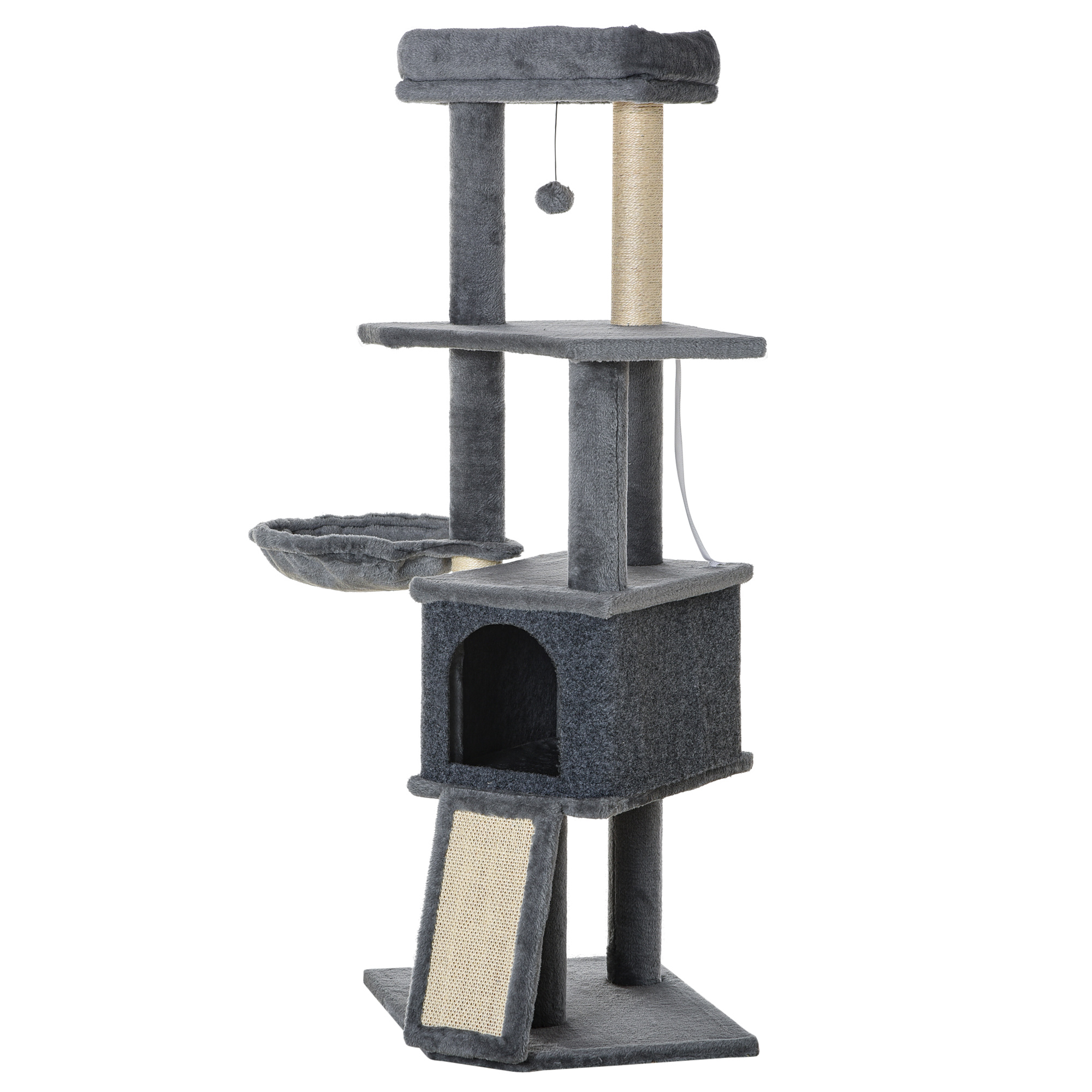 50 Inch Cat Tree, Multi-Level Cat Tower with Sisal Scratching Posts and Ramp, Bed, Condo, Hammock, Toy Ball, Grey