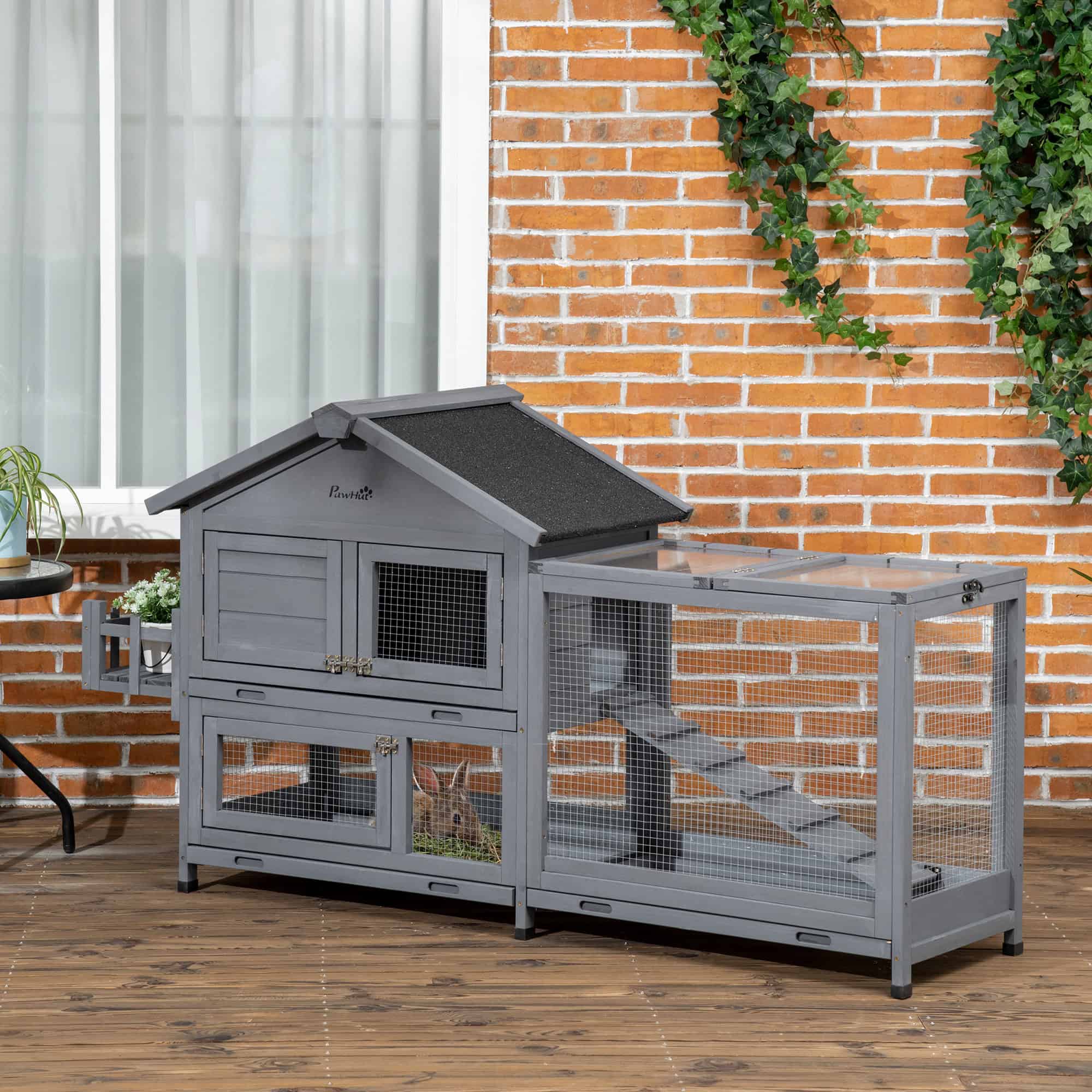 65" Wooden Rabbit Hutch, Pet Playpen with Openable Roof, Storage Box, for Rabbits and Small Animals, Dark Grey - Image 8