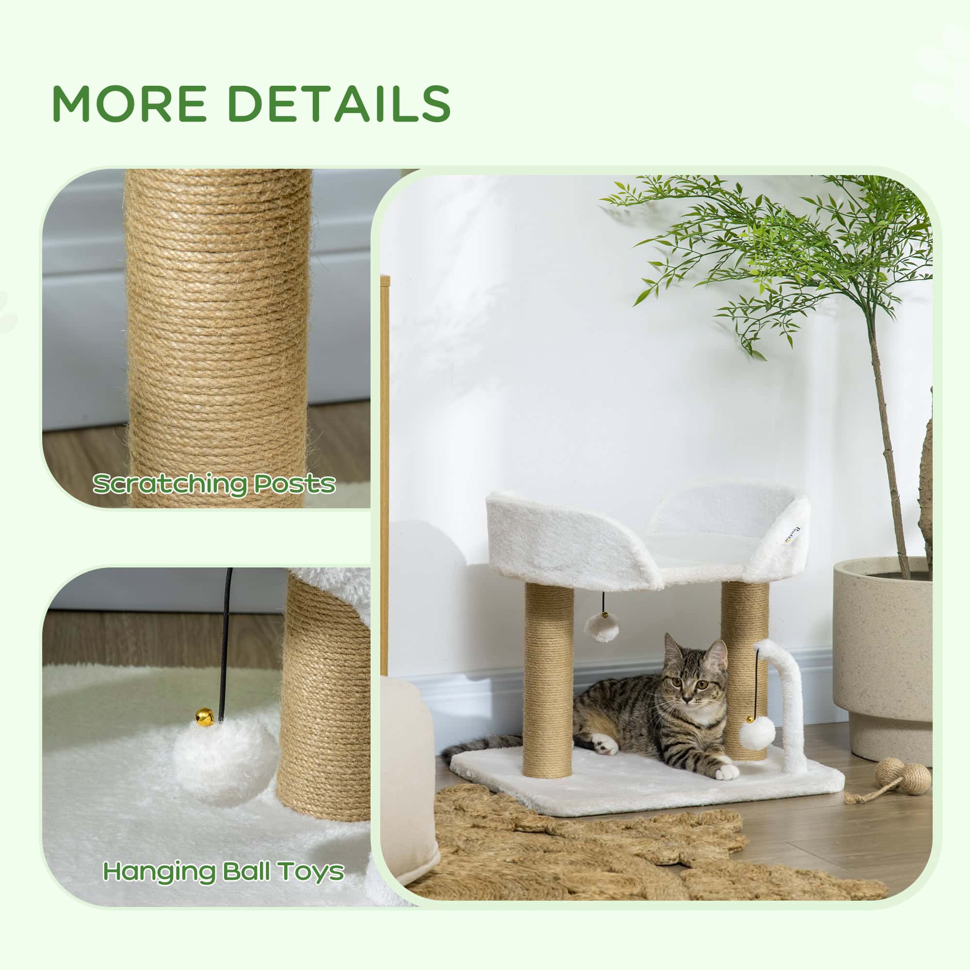 Cat Tower Condo for Indoor Cats, Small Cat Tree with Jute Scratching Posts, Top Perch, Dangling Balls, White