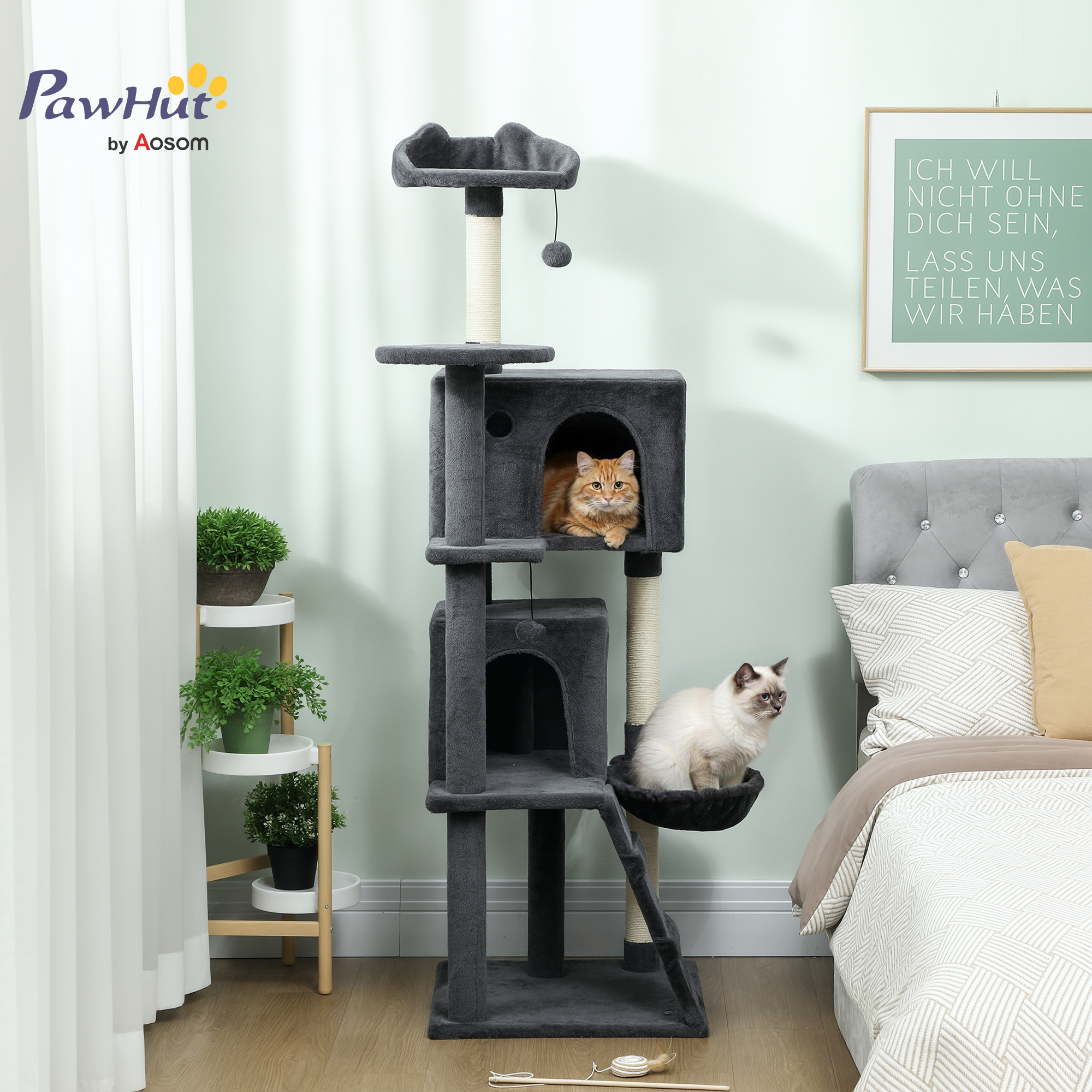 63 Inch Cat Tree with Sisal Scratching Posts, Condos, Plush Perches, Hammock, Ladder, Dangling Balls, Dark Grey