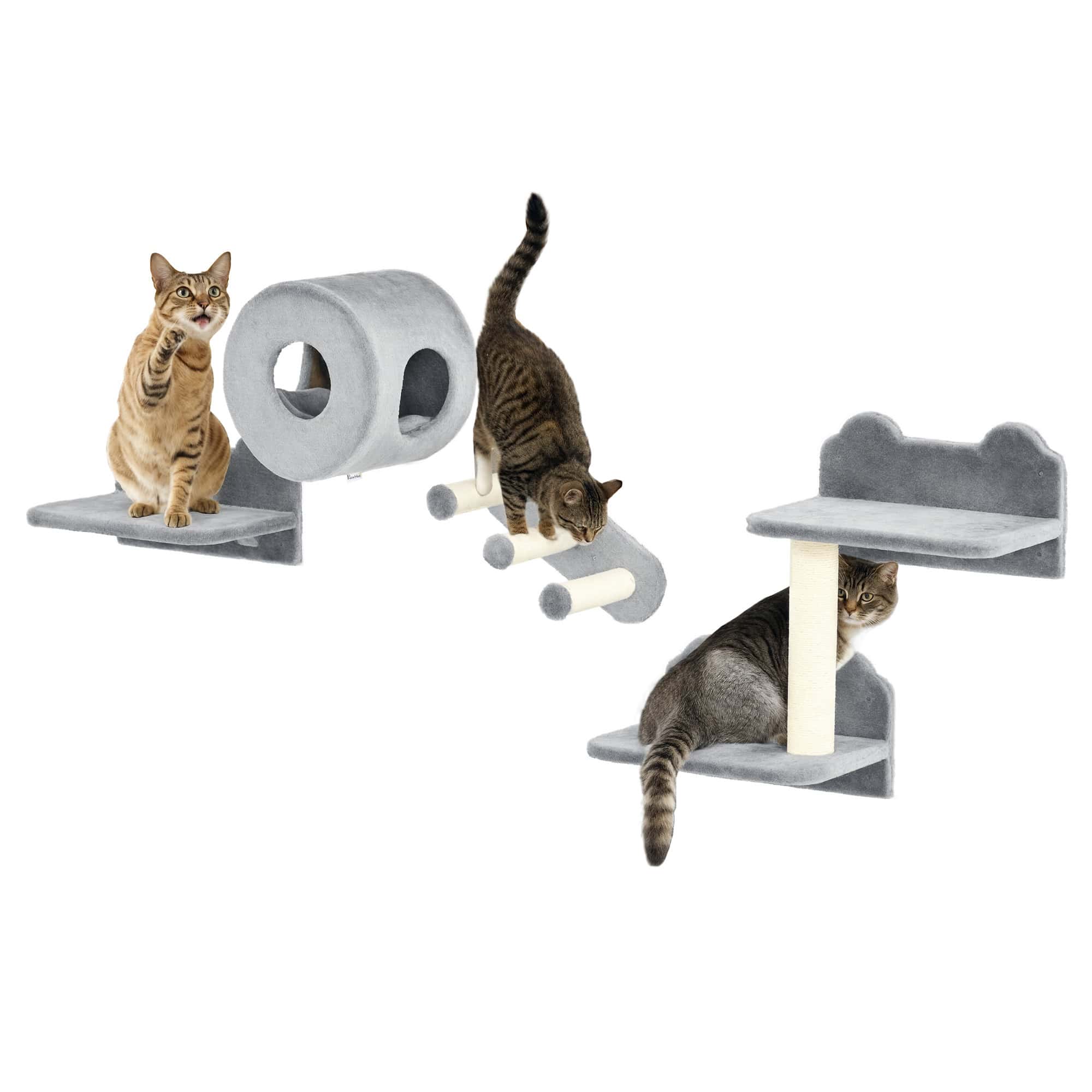 4 PCs 9.3" H Cat Wall Shelves, Pet Wall-mounted Climbing Shelf Set, Kitten Activity Centre with Condo, Cushion, Scratching Post, Jumping Platform, Grey