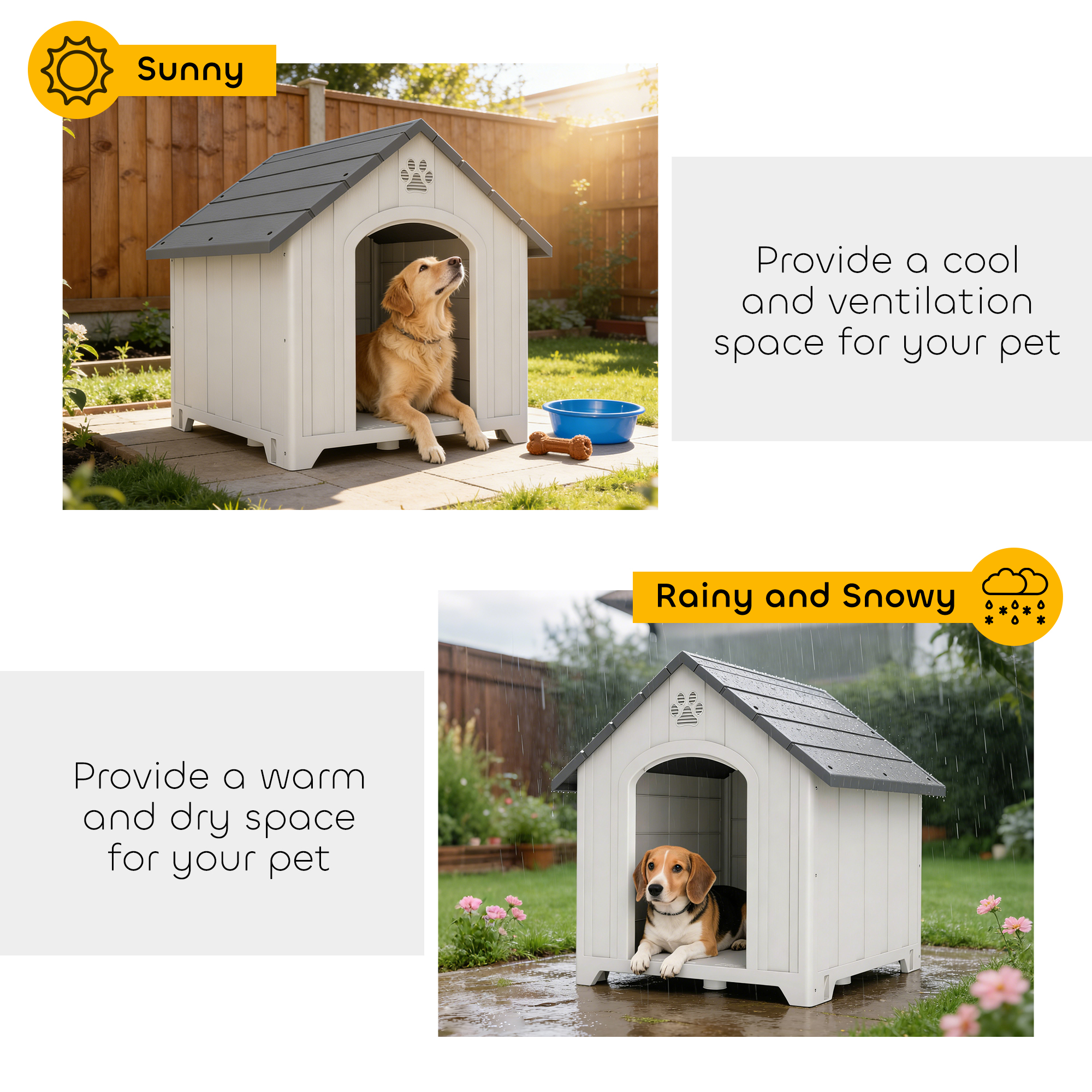 Large Plastic Dog House Outdoor Indoor, Water Resistant Puppy Shelter with Base Support, 34.6" L x 31.1" W x 35" H