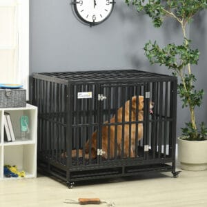 41" Heavy Duty Steel Dog Crate Kennel Pet Cage with Wheels for Convenient Access Anti-Pinching Floor, Black