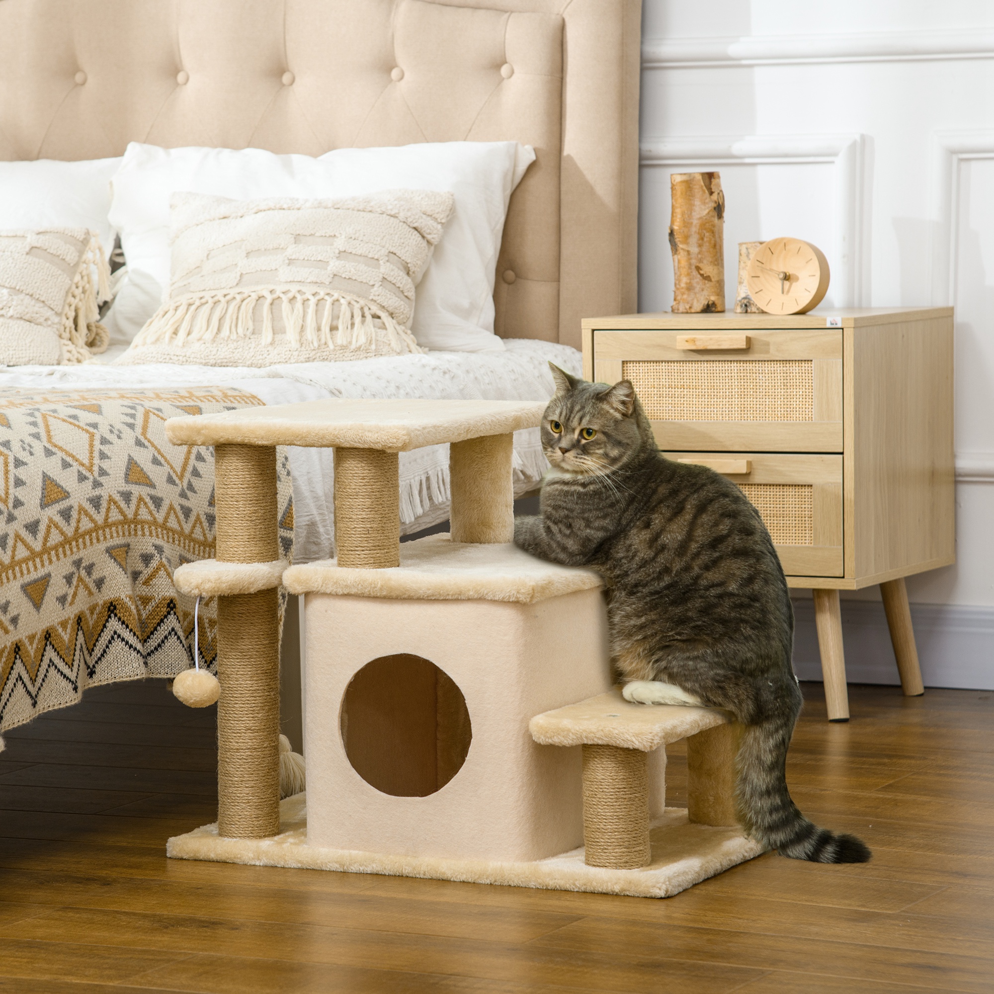 Cat Stairs Pet Steps for Couch Bed with Scratching Posts Condo Ball Toy, 23.6" x 15.7" x 26", Beige