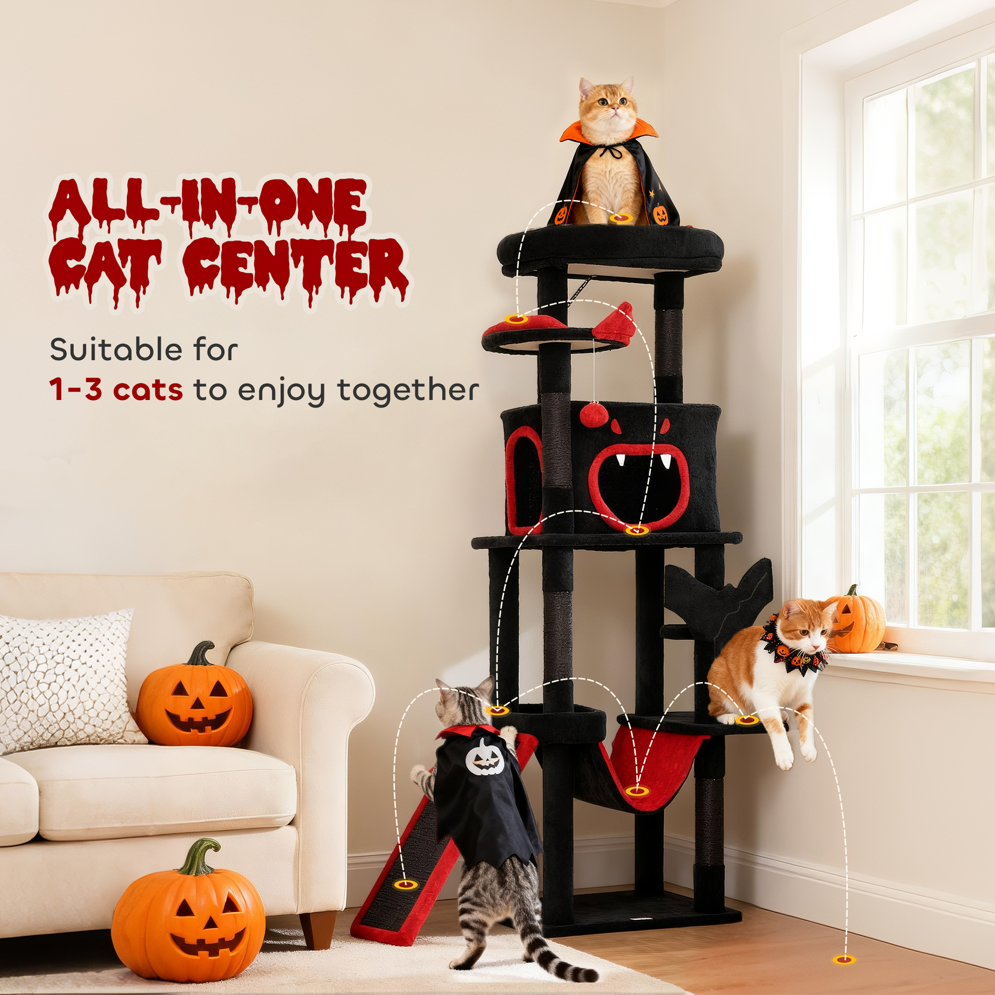 Gothic Cat Tree, 60" Tall Cat Tower with Coffin Bed, Sisal Scratching Posts & Ramp, Condo, Hammock, Perches, Black