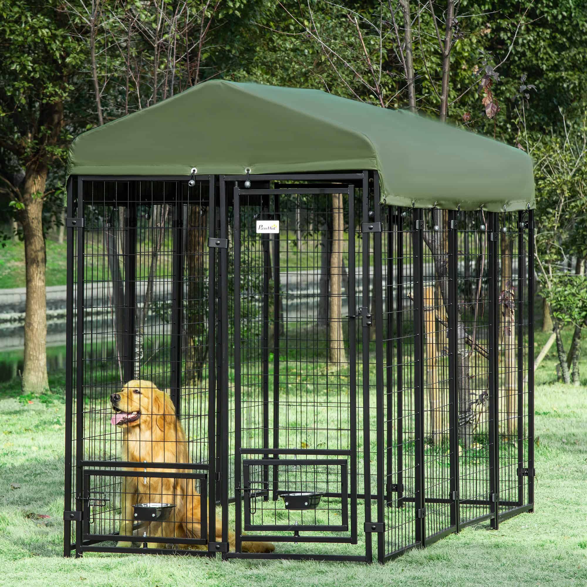 Outdoor Dog Kennel, Lockable Pet Playpen Crate, Welded Wire Steel Fence, Rotating Bowl Holders, Green