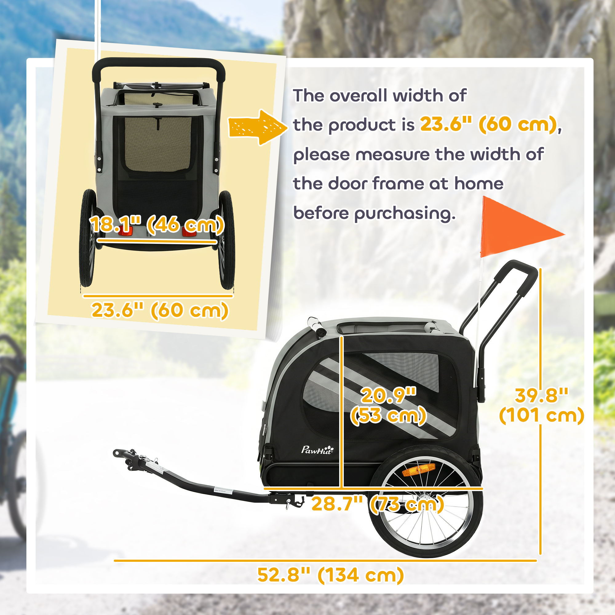 Dog Bike Trailer, 2-in-1 Dog Stroller with Universal Wheel Reflectors Flag, Grey