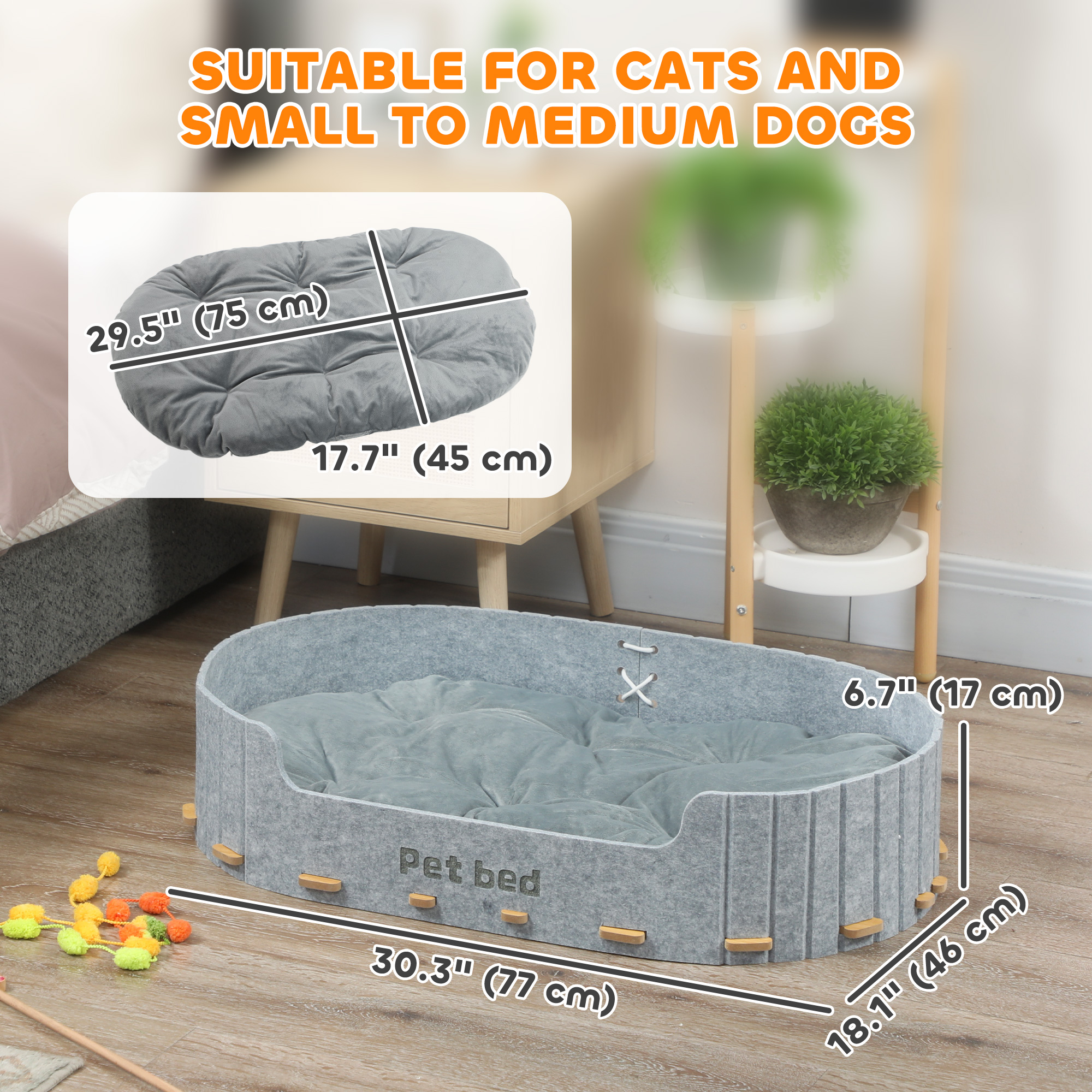 Dog Bed, Cat Bed with Washable Removable Cushion, Scratch-Resistant, Felt Cat Couch Sofa for Small Medium Dogs, Grey