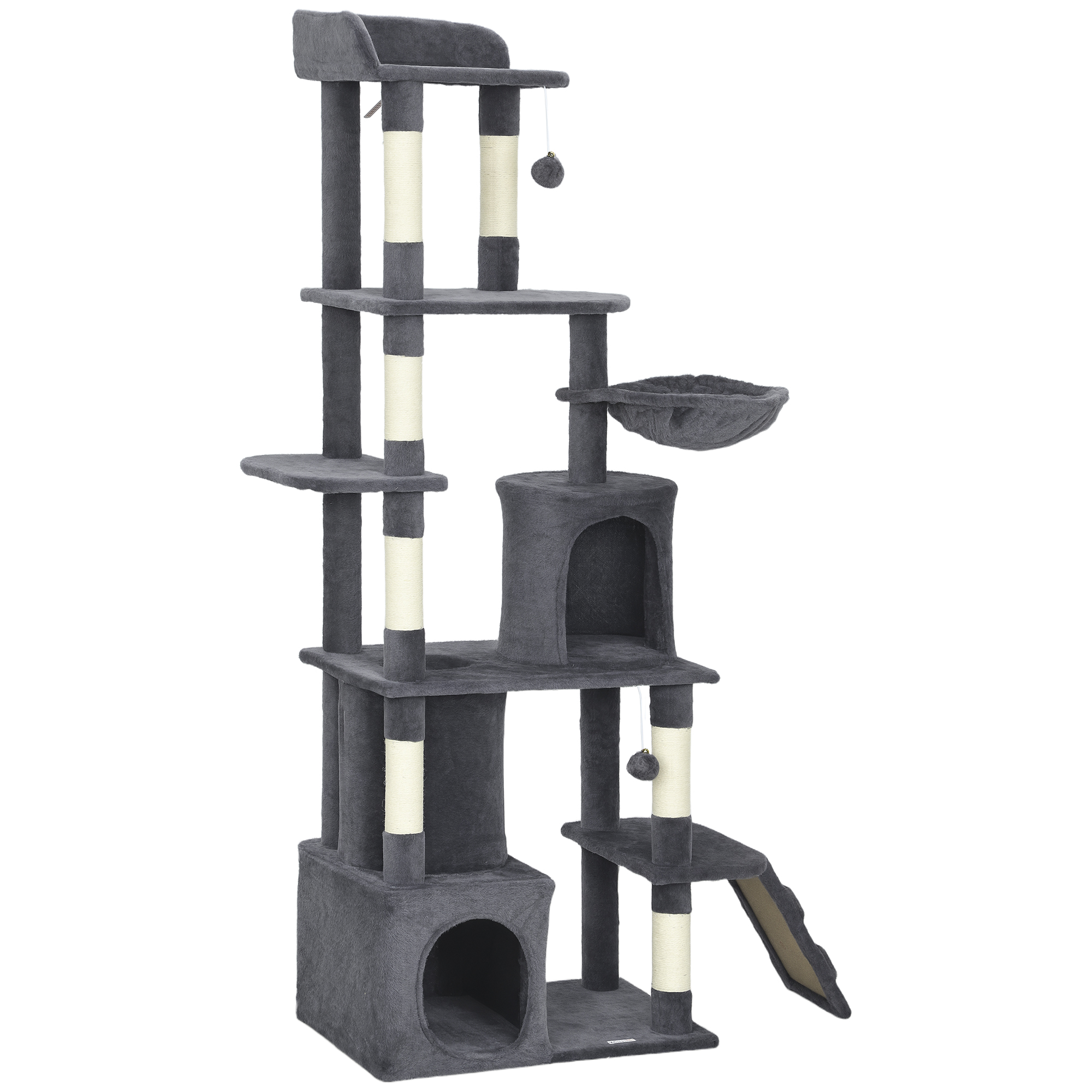 67" Large Cat Tree with 7 Scratching Posts, Tunnel, 2 Condos, Hammock, Perch, Ramp, Pompoms, Dark Grey