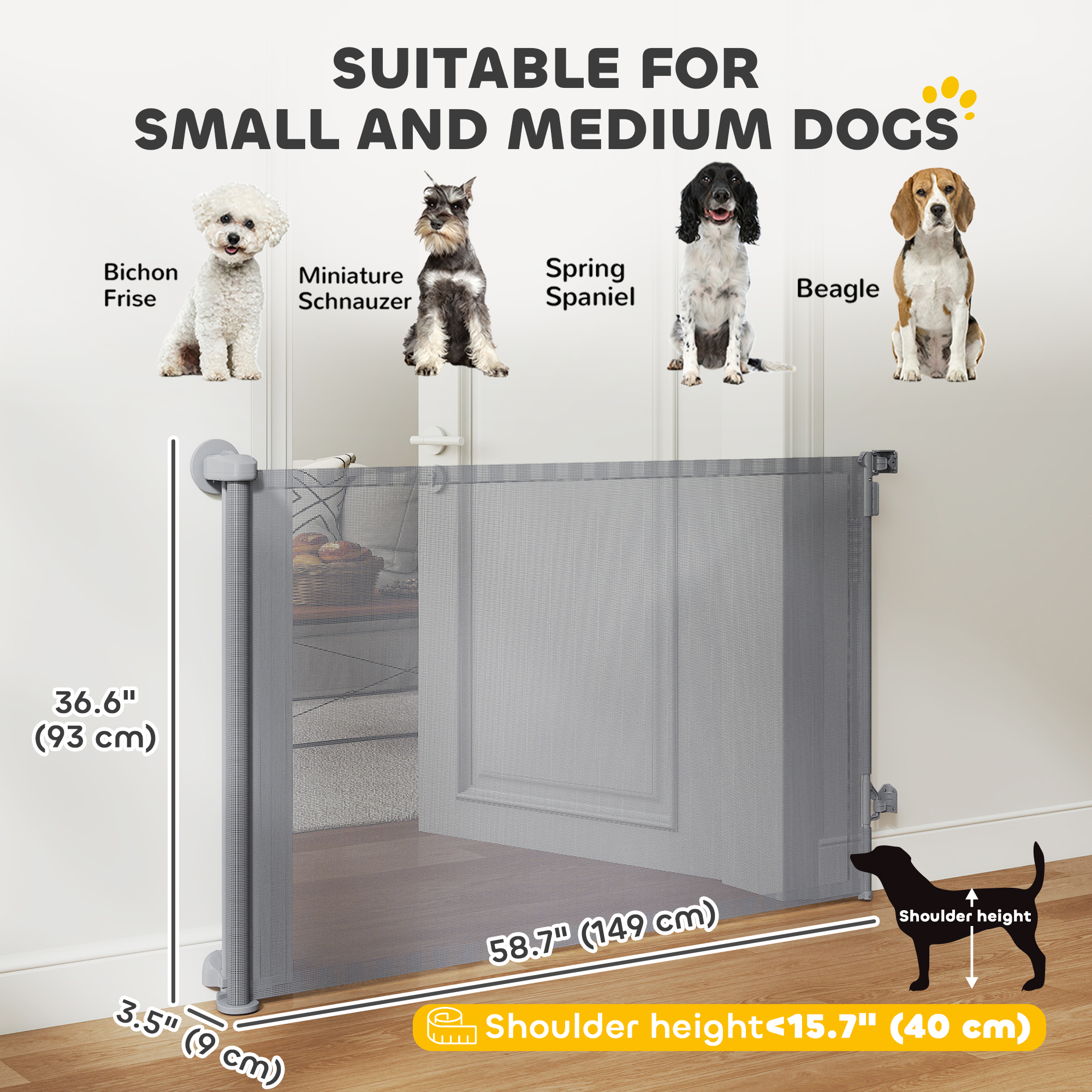 Retractable Dog Gate, 36.6" Tall, Extends to 55" Wide, Mesh Pet Gate with Single Hand Operation, for Stairs, Doorways