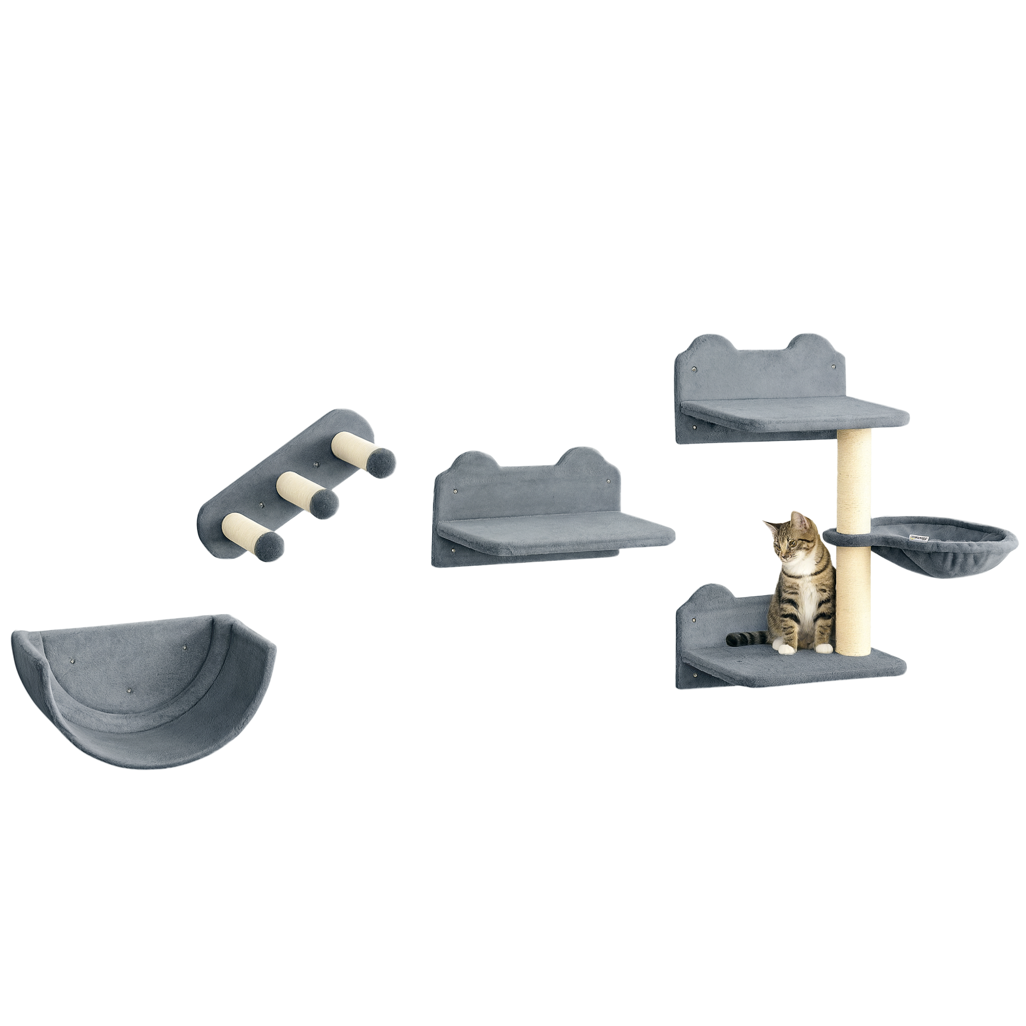 Cat Wall Shelves, 3PCs Cat Shelves with Hammock, Scratching Post, 3 Steps, Jumping Platforms, Wall Mounted Cat Climber, Grey - Image 2