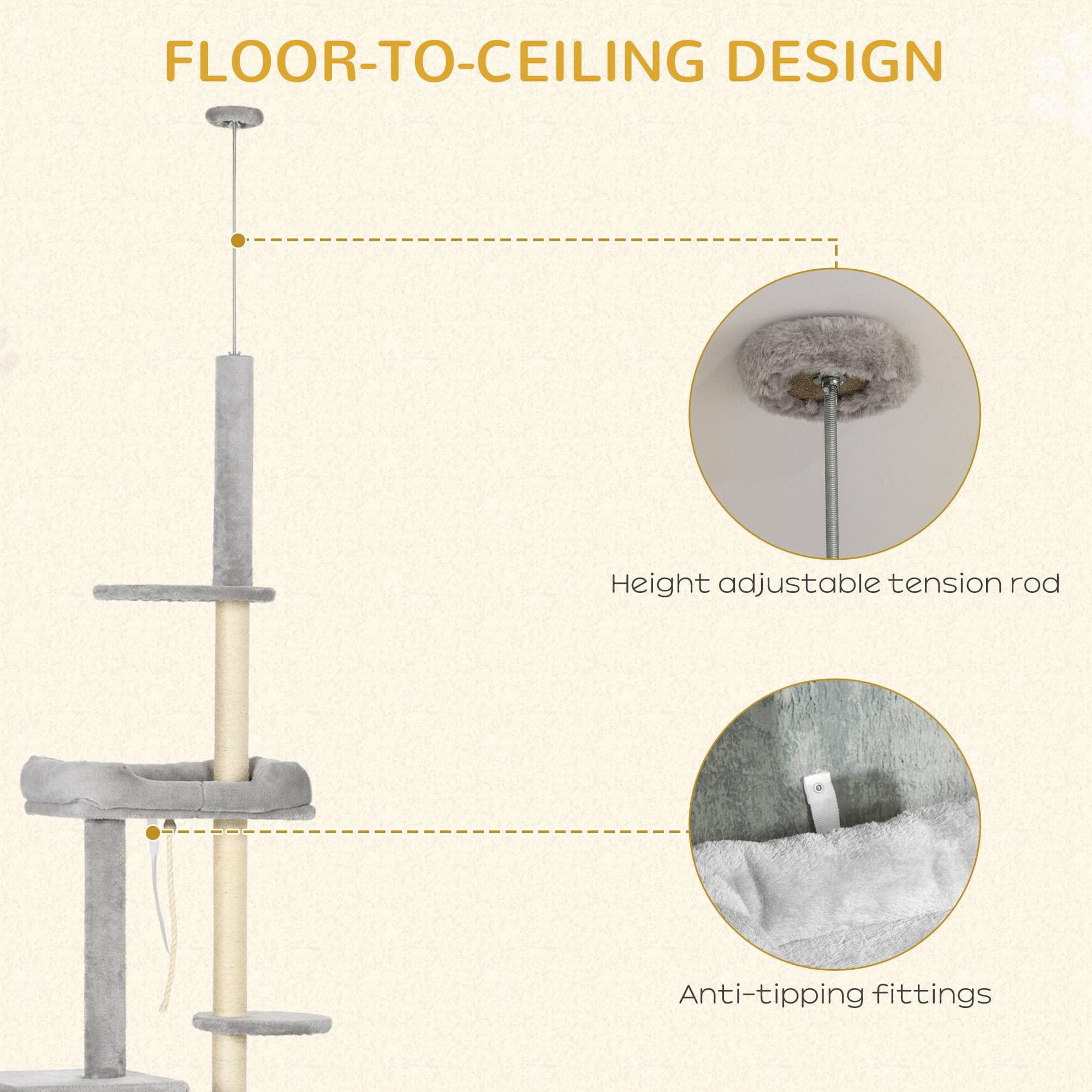 Cat Tree Floor to Ceiling Cat Tower Height Adjustable(85-101 Inches), Tall Large Cat Climbing Activity Center with Scratching Posts Cat Condo Cozy Bed, Grey