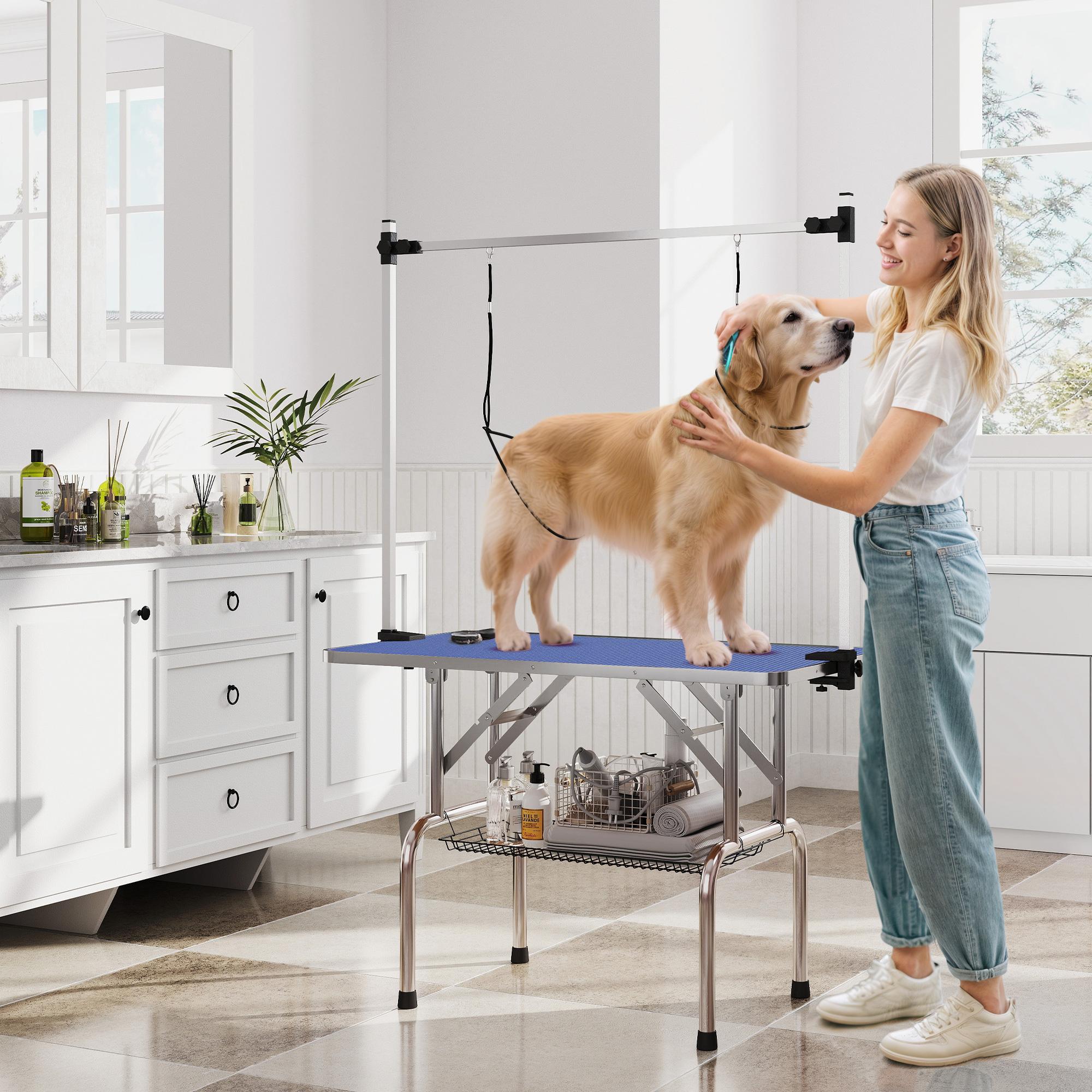 Adjustable Dog Grooming Table with 2 Safety Slings, Storage Basket, Blue