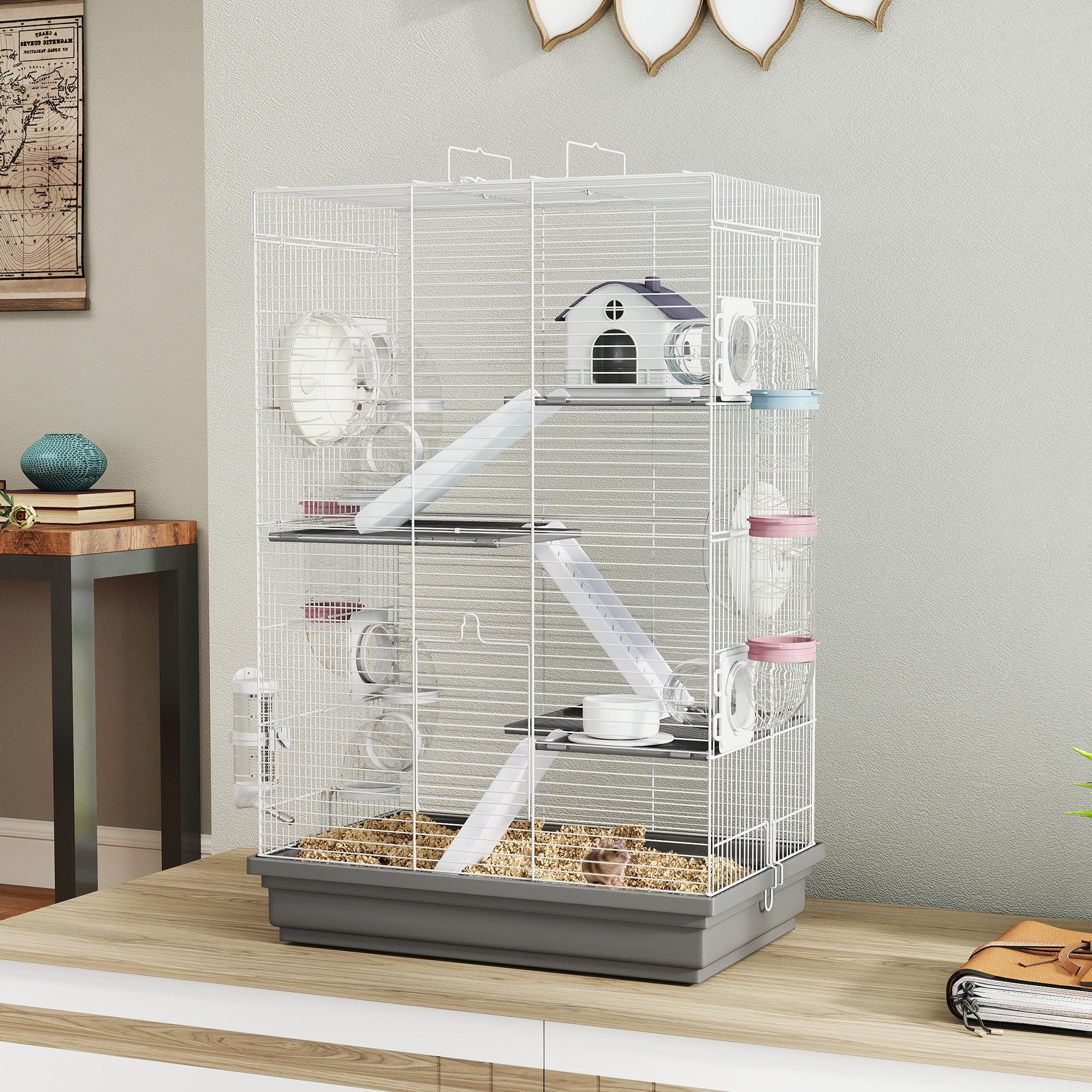 4-Level Large Hamster Cage with DIY Tubes, Water Bottle, Food Dish, Hut, Exercise Wheels, Grey - Image 8