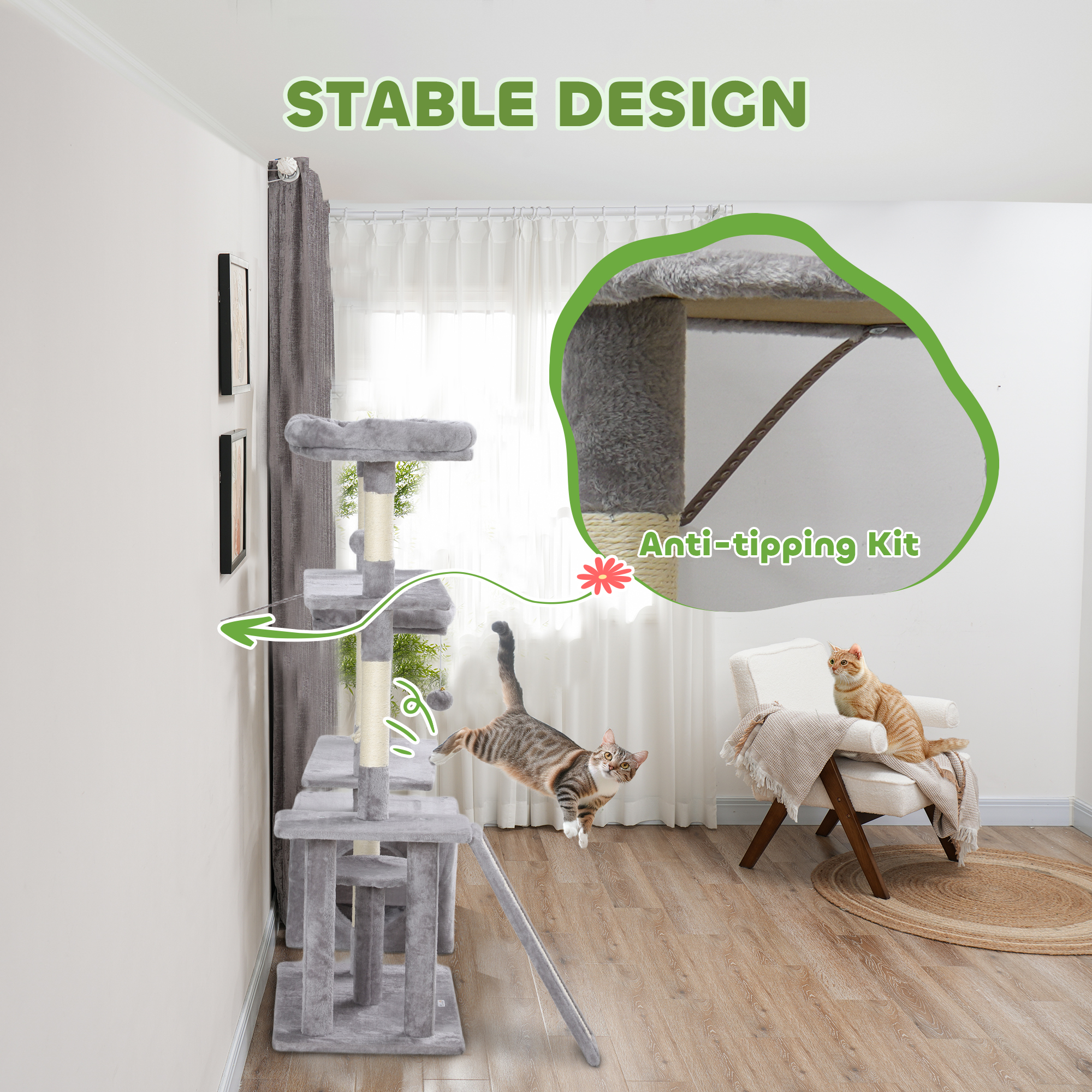 53" Cat Tree, Cat Tower with Scratching Posts, Cat Condo, Beds, Platforms, Toy Balls for Indoor Cats, Light Grey