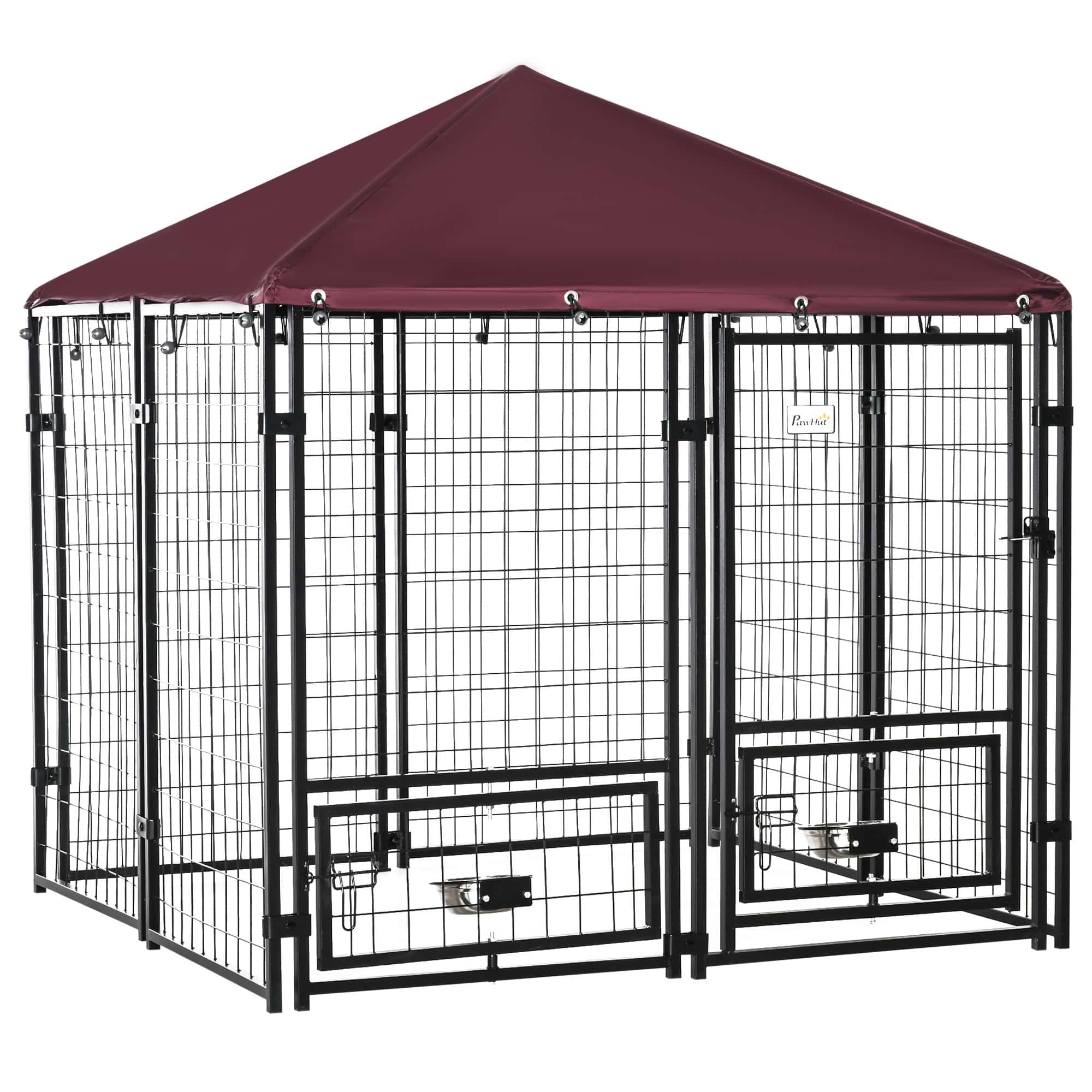 Outdoor Dog Kennel, Lockable Pet Playpen Crate, Welded Wire Steel Fence, Rotating Bowl Holders, Red