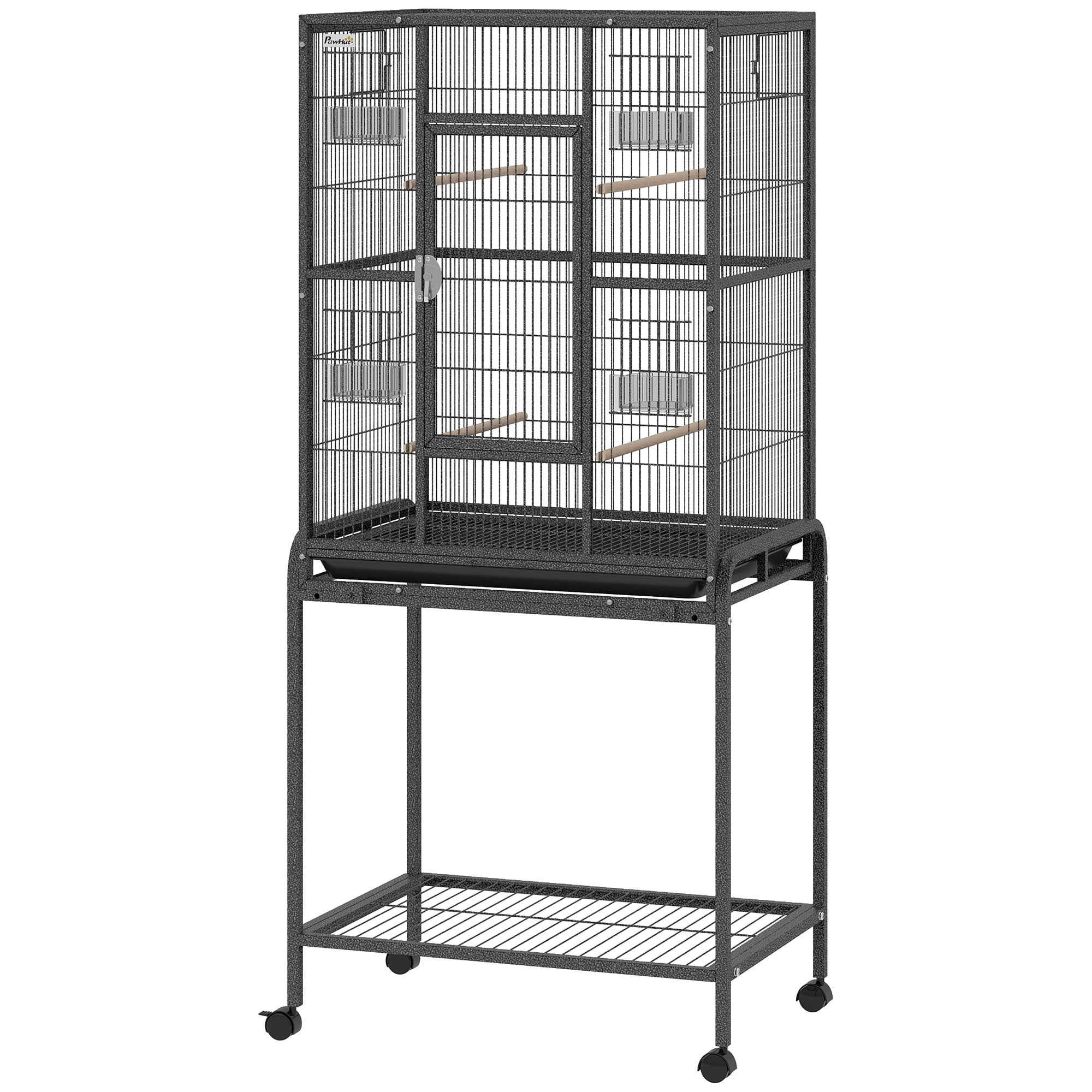 56"H Bird Cage, Parrot Cage w/ Detachable Rolling Stand, Removable Tray, Storage Shelf, Perches, Food Container