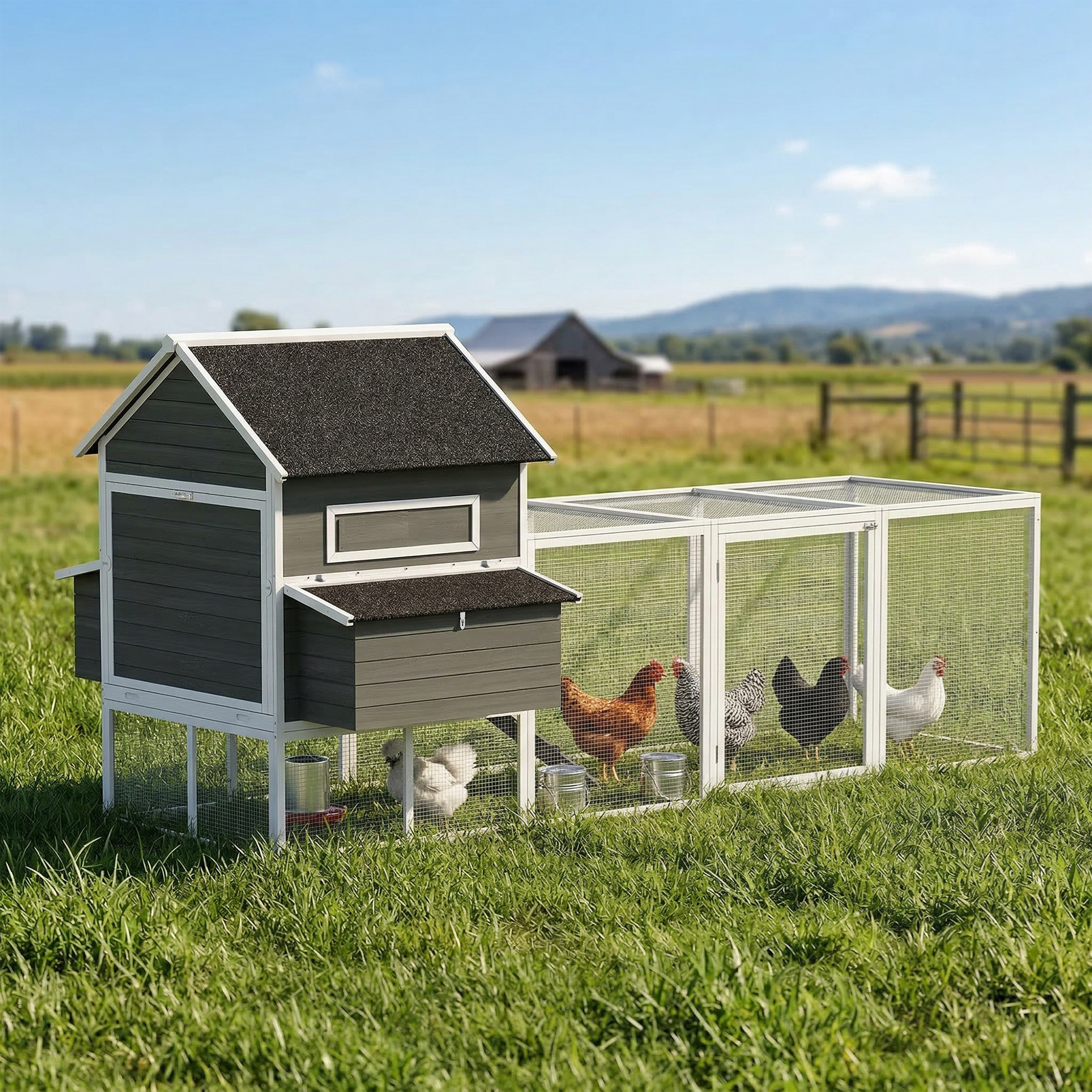137" Wooden Chicken Coop with Chicken Run, Nesting Box, Dark Grey