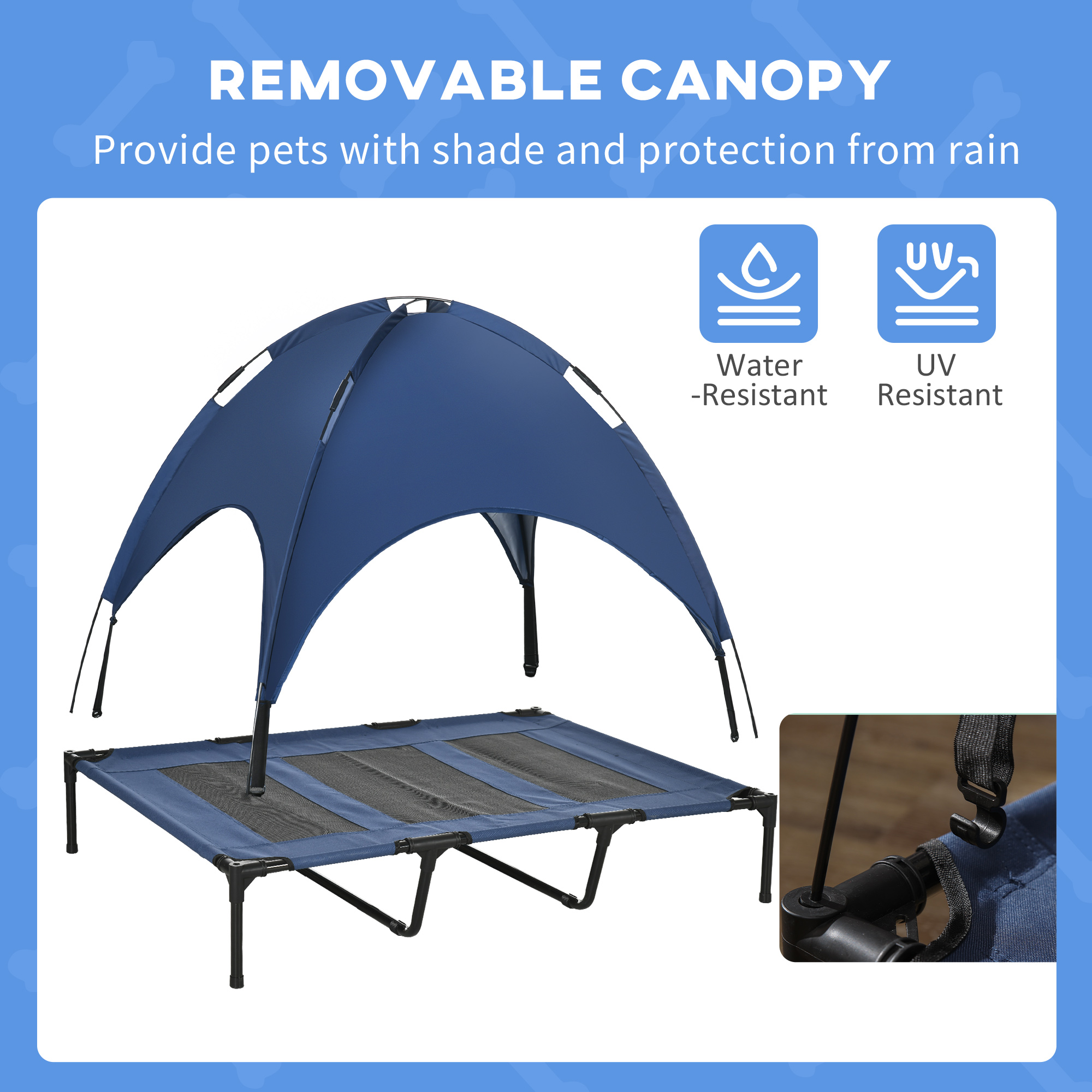 Elevated Cooling Pet Bed Portable Raised Dog Cot with Canopy for XL Sized Dogs, Dark Blue