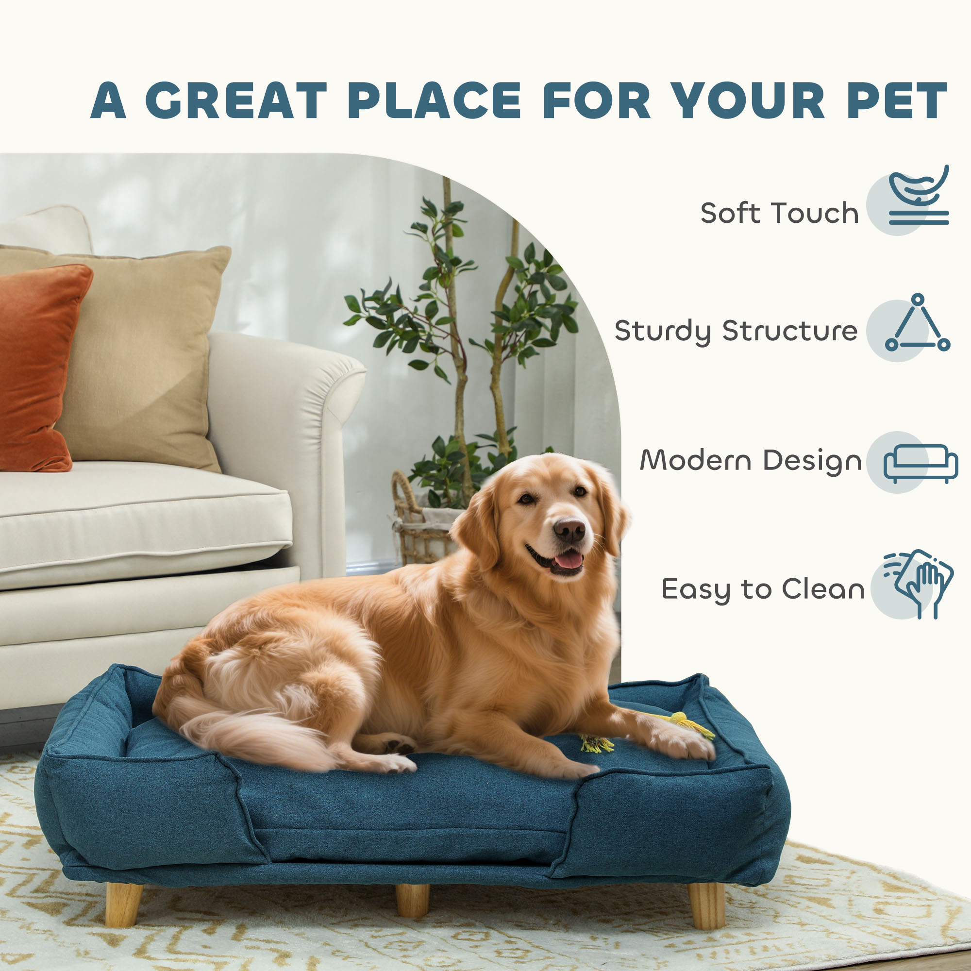 Washable Dog Sofa for Large Dogs, Elevated Pet Couch with Anti-slip Foot Pads, Dark Blue