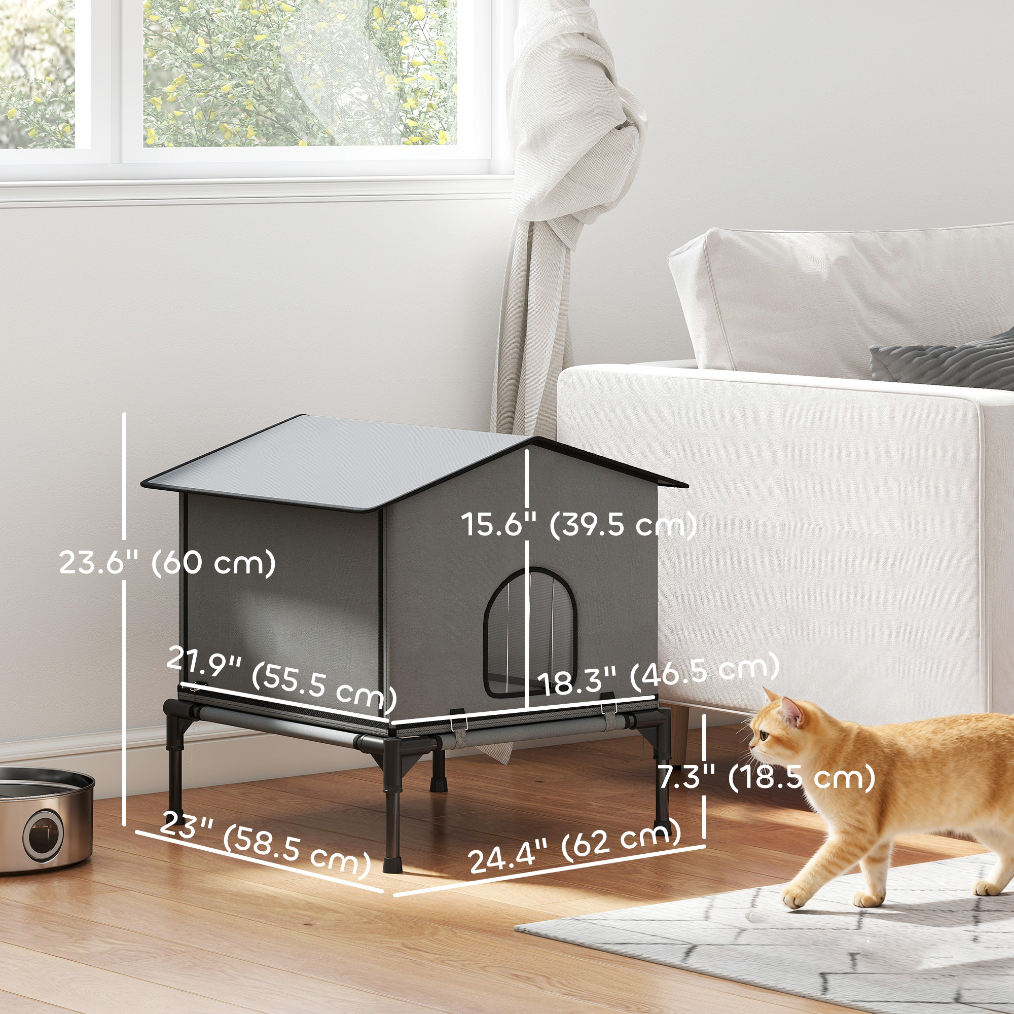 Outdoor Cat House, Waterproof Insulated Cat Kennel with Elevated Base, Foldable Feral Kitty Shelter for Kittens, Grey