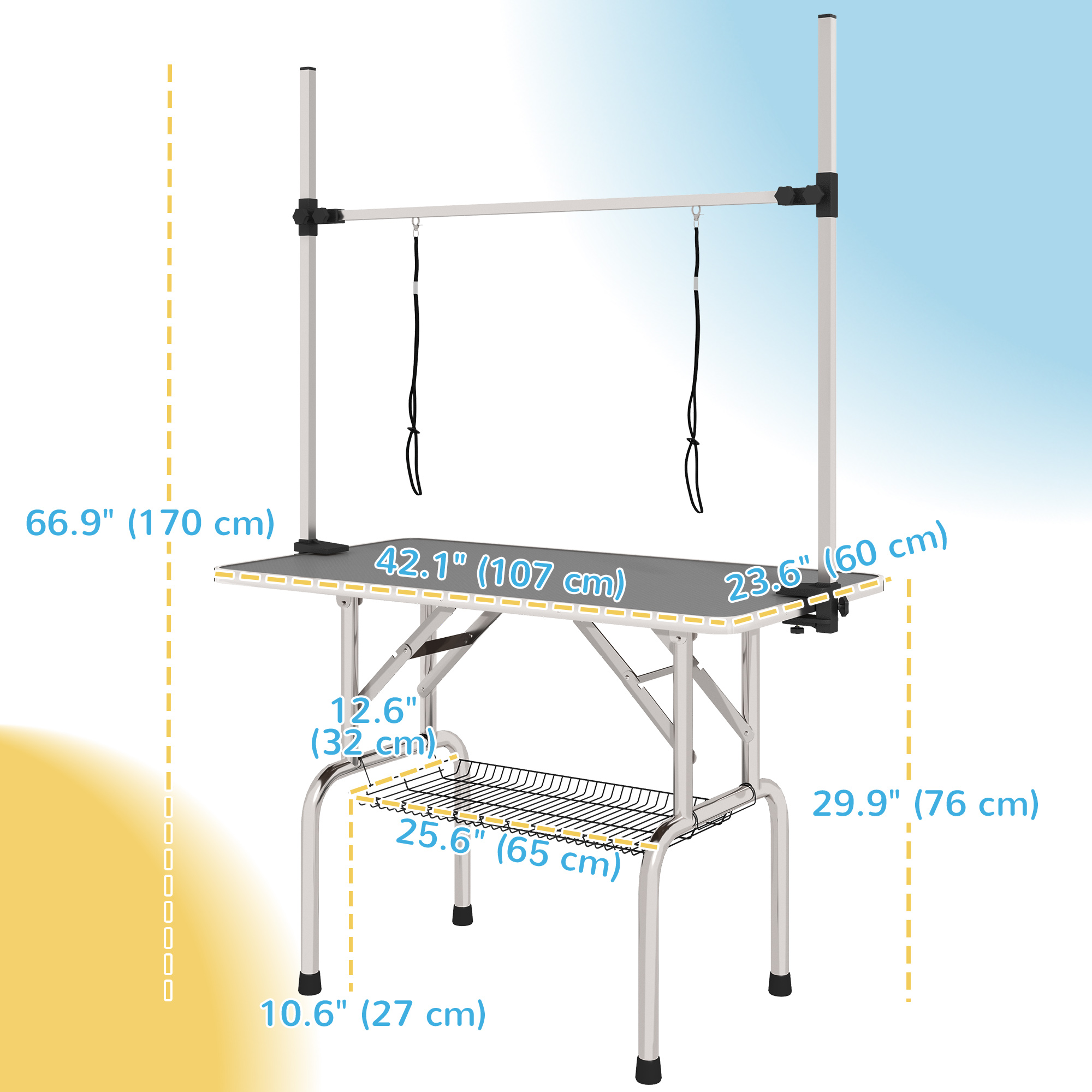 Adjustable Dog Grooming Table with 2 Safety Slings, Storage Basket, Grey