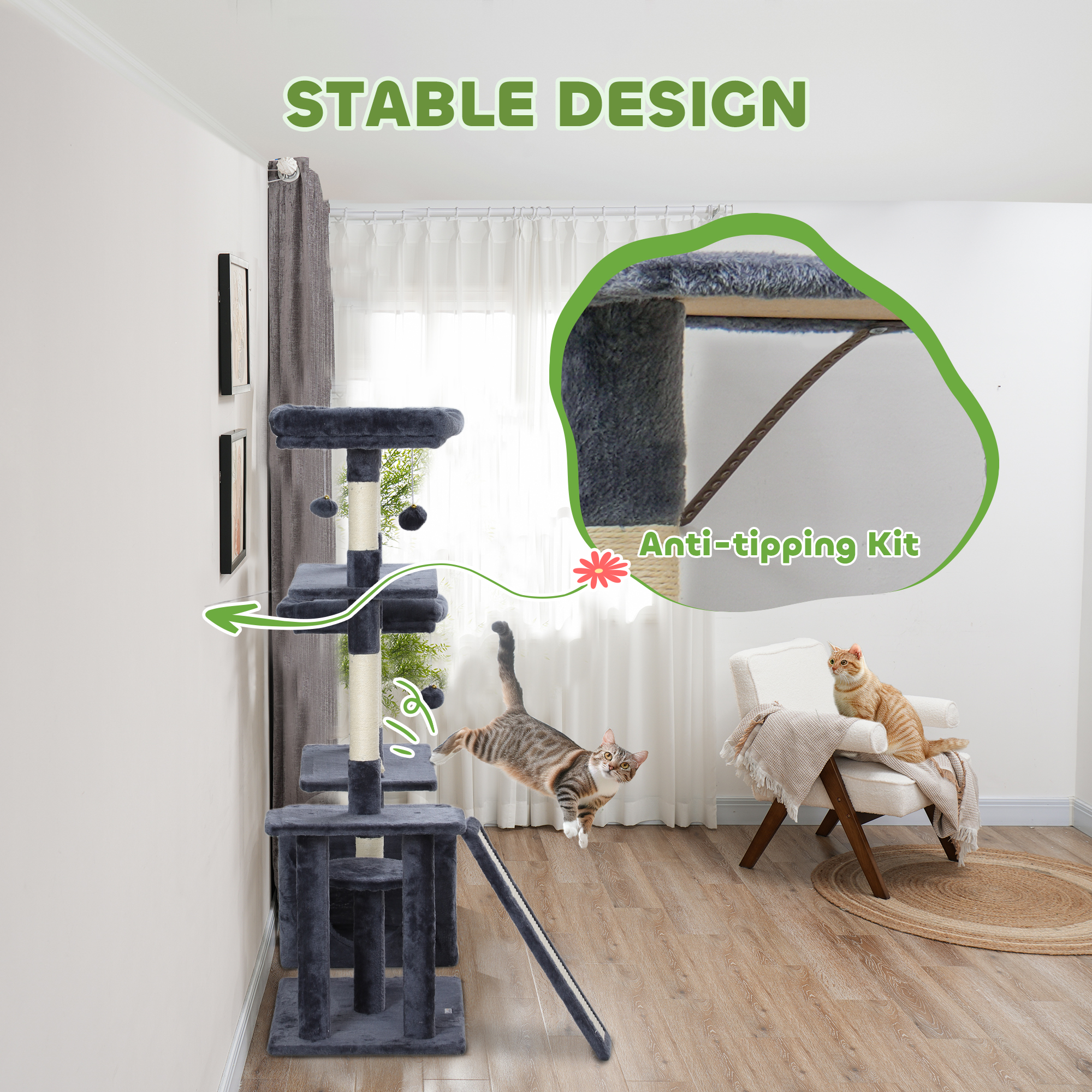 53" Cat Tree, Cat Tower with Scratching Posts, Cat Condo, Beds, Platforms, Toy Balls for Indoor Cats, Dark Grey