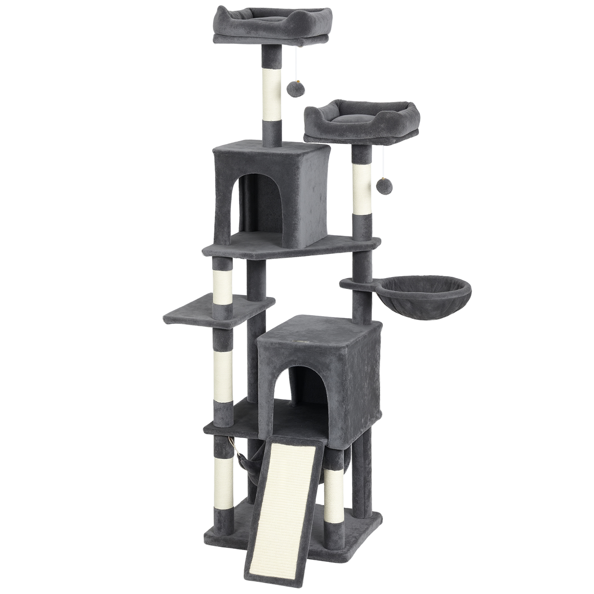 Cat Tree, 70" Multi-Level Cat Tower with 2 Condos, 2 Perches, Hammock, Toy Balls, Scratching Posts and Board, Dark Grey
