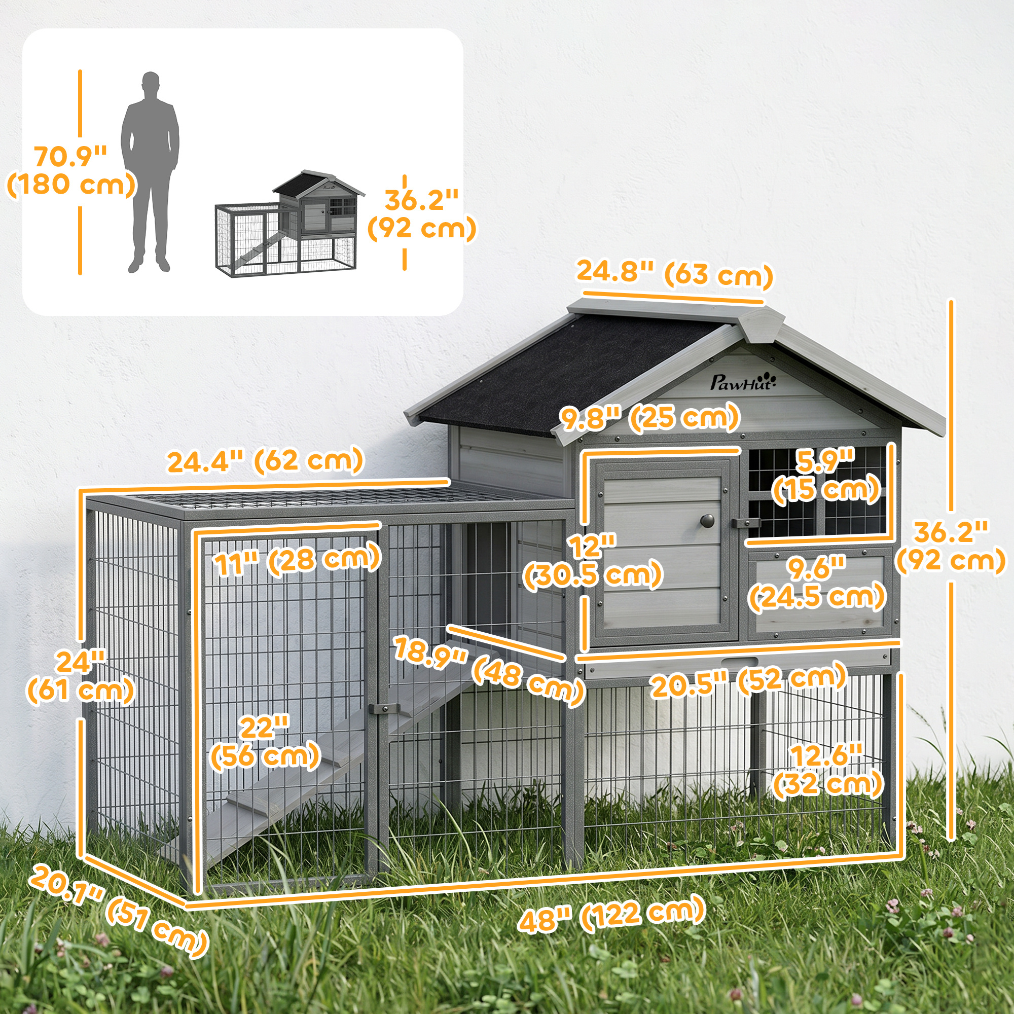 Rabbit Hutch Outdoor, 48"L Large Wooden Bunny Cage with Run, Grey