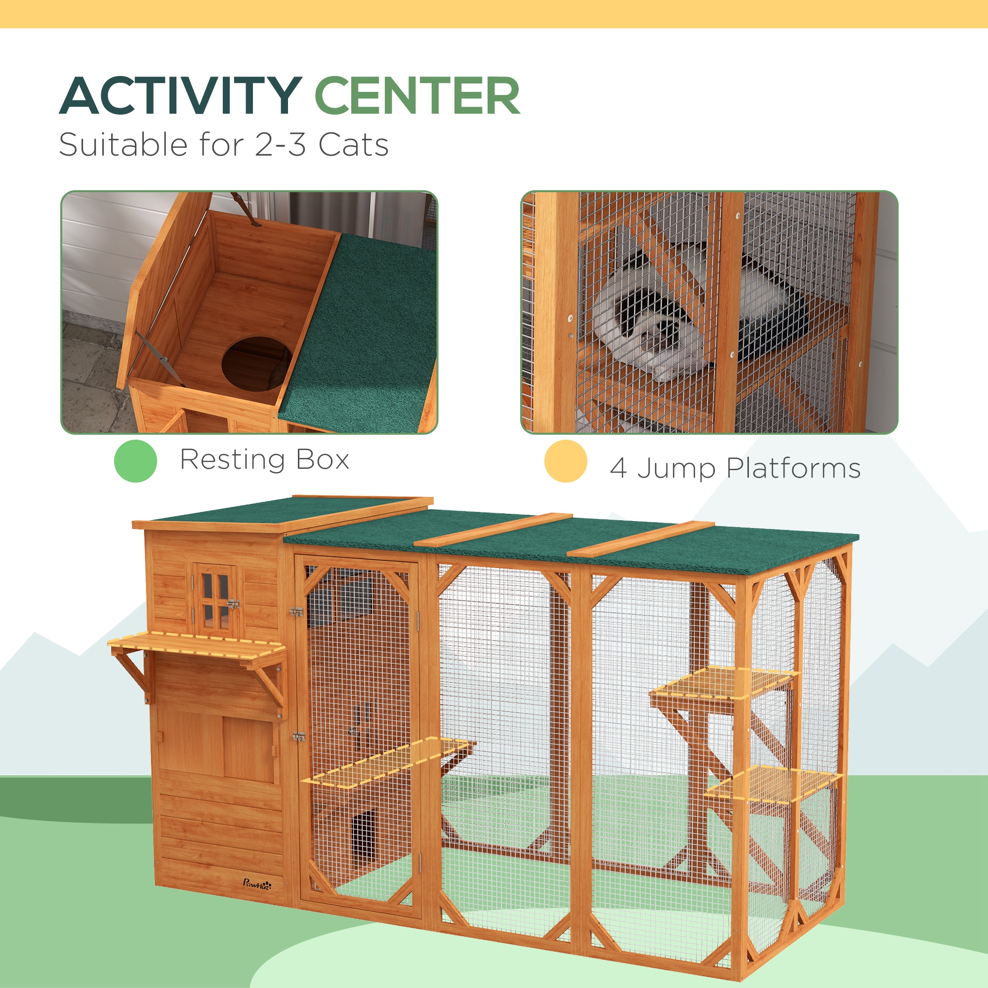 Wooden Cat Catio, 76"L Walk in Outdoor Cat House with Asphalt Roof, Platforms, Lockable Doors for 2-3 Cats, Orange