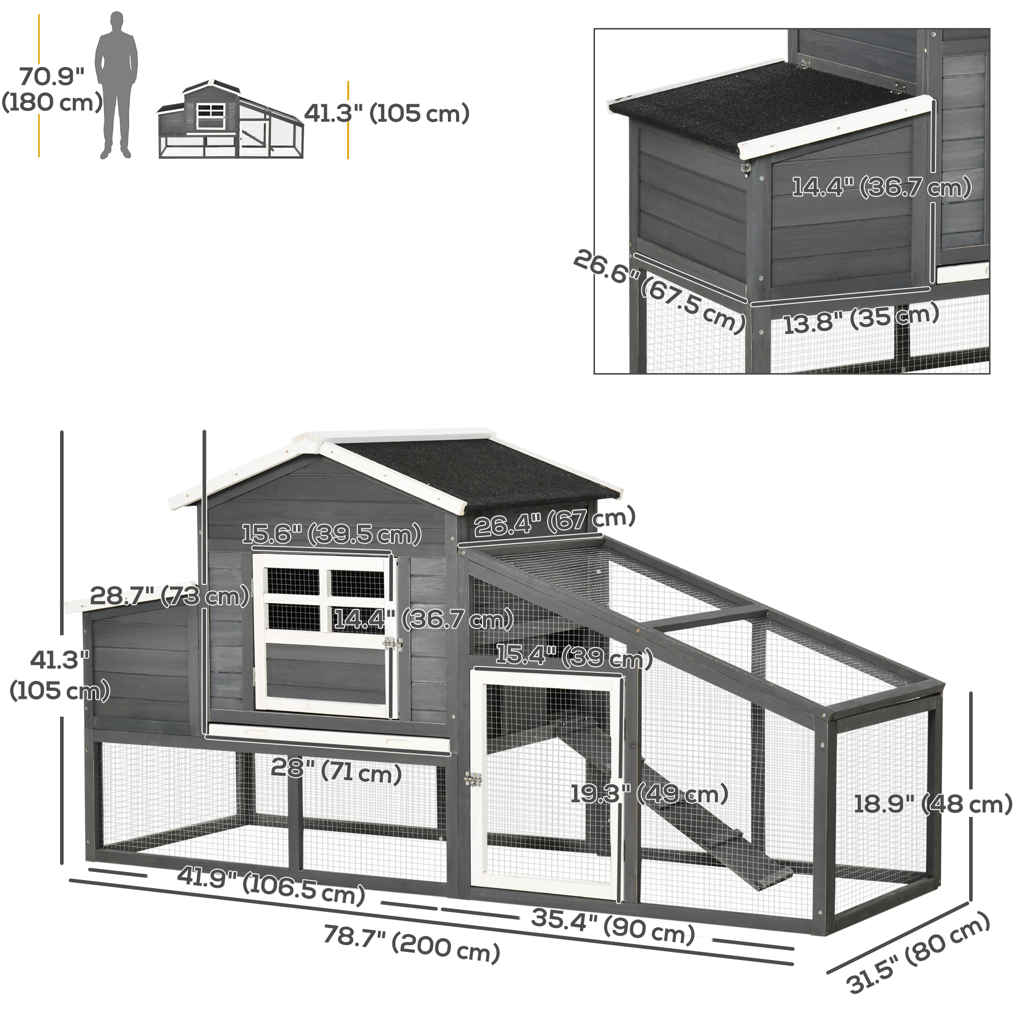 79" Wooden Chicken Coop, Outdoor Hen House, Poultry Habitat with Removable Tray, Nesting Box, Run, Ramp, Grey