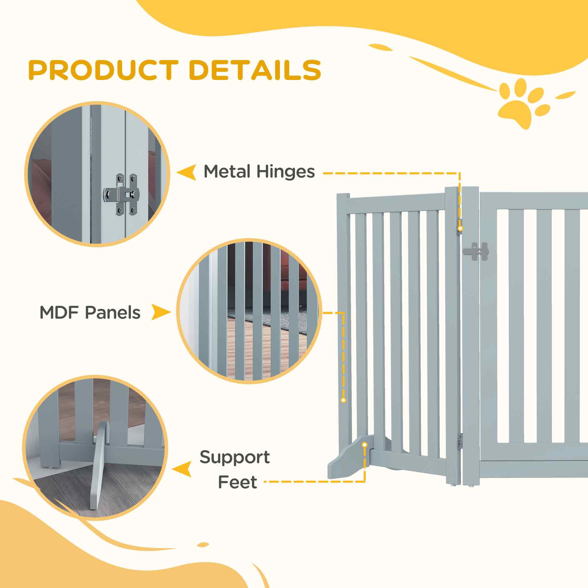 3-Panel Foldable Dog Gate with Feet for Medium Dogs and Below, Grey