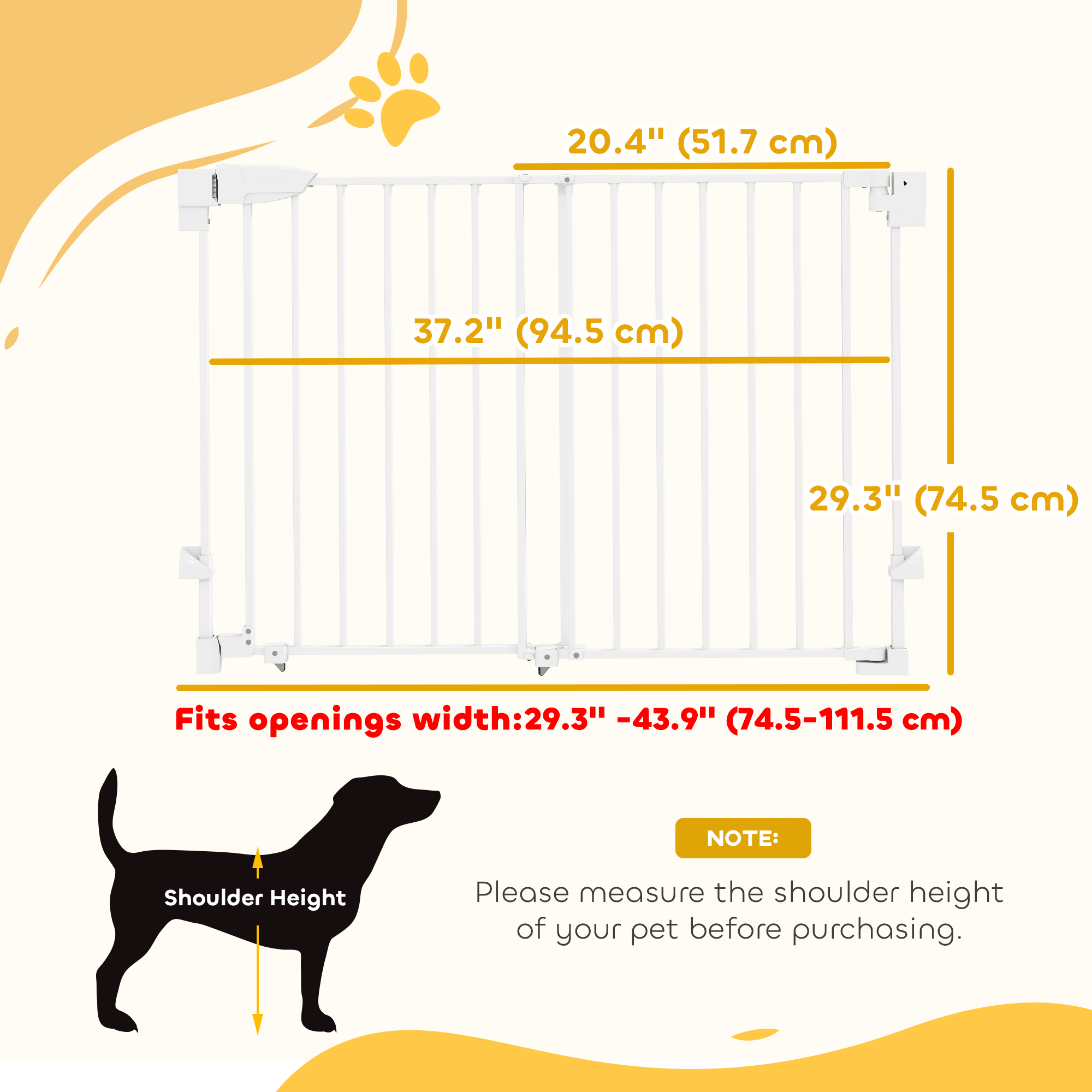 29"-44" Wide Dog Gate, 29" H, Pet Gate with Auto-Close, Single Hand Operation, Wall-Mounted, No-Threshold Design