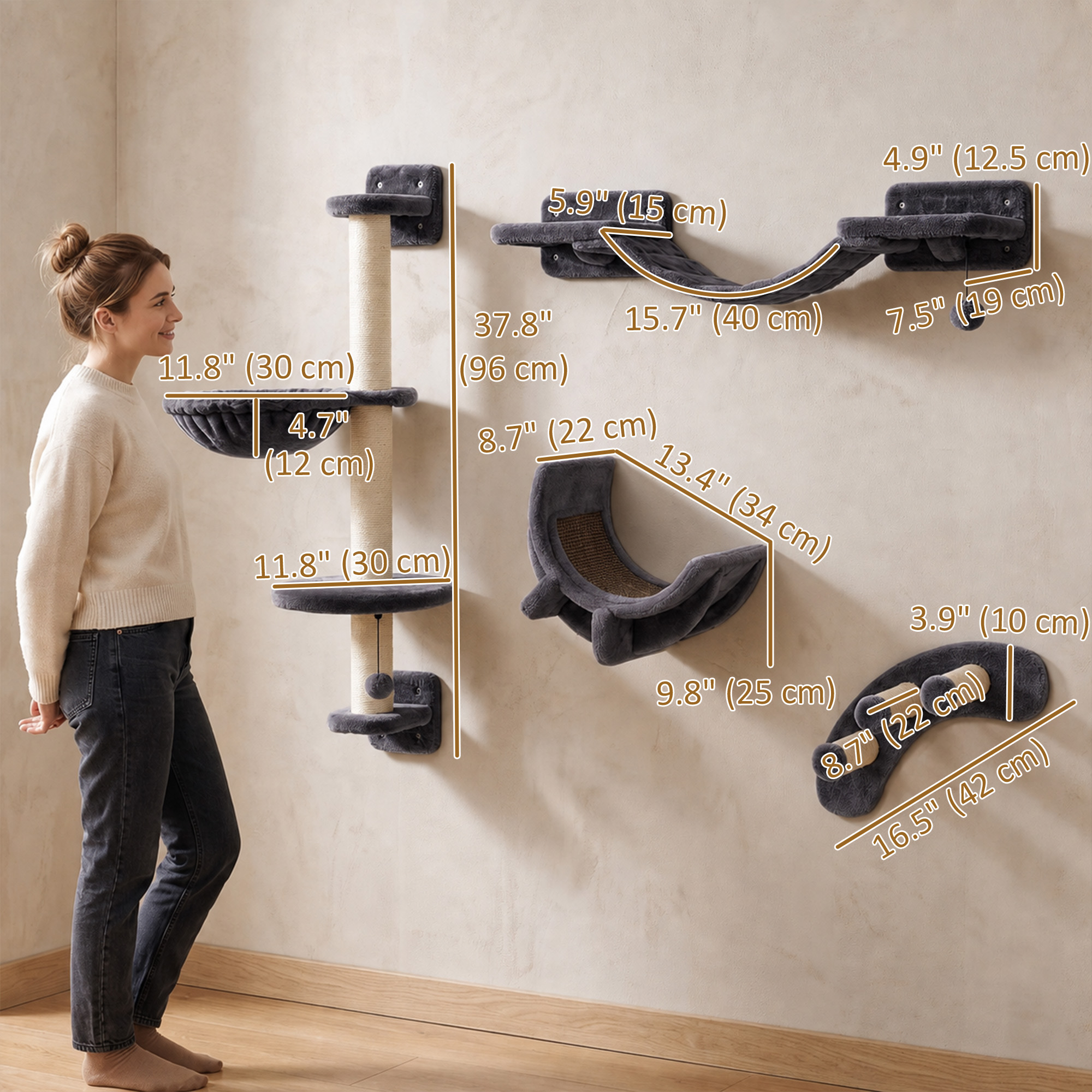 Cat Wall Shelf with Scratching Post, Play Balls, Platforms, Dark Grey