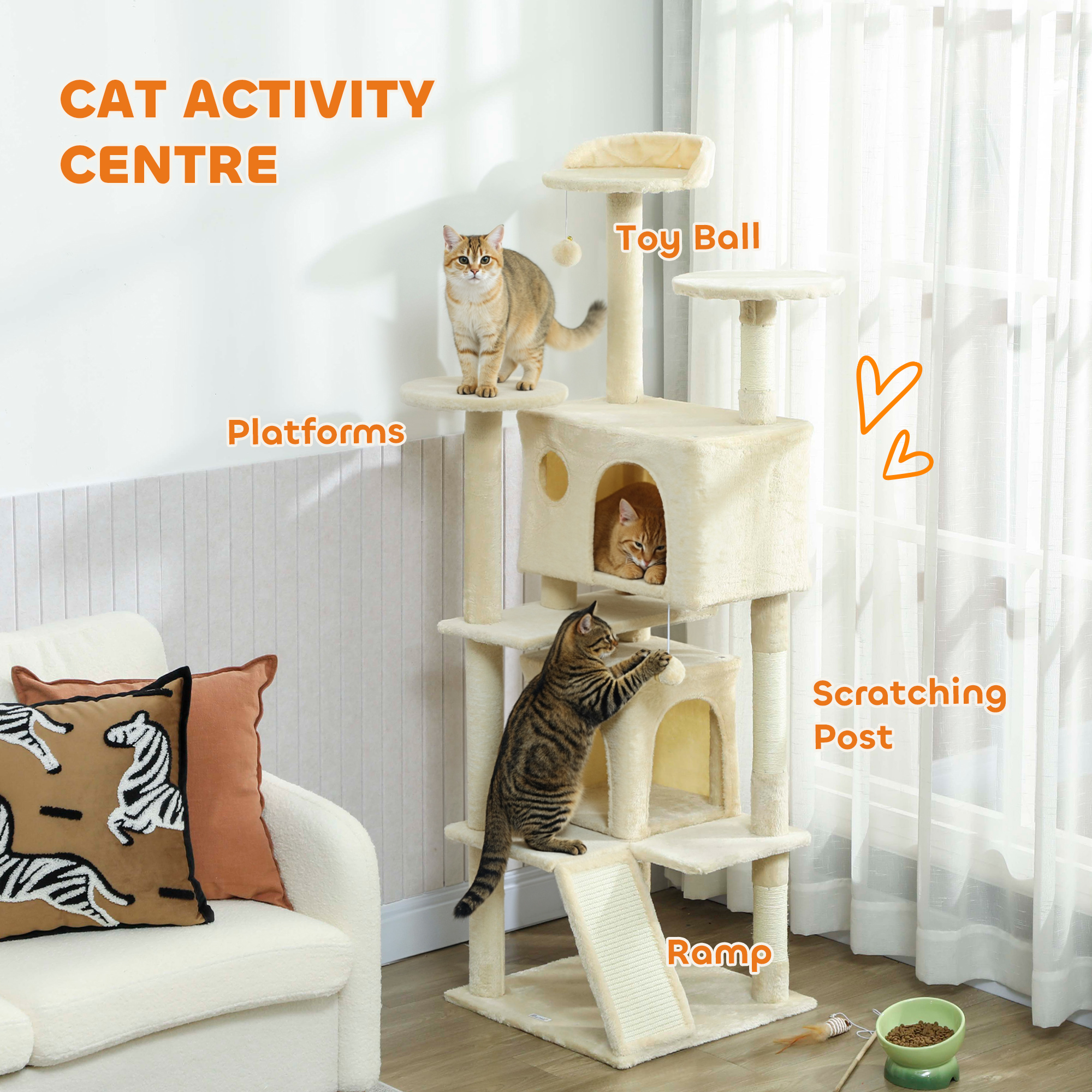 63" Cat Tree, Multi-Level Cat Tower with Scratching Posts, Cat Condos, Bed, Platforms, Ramp, Toy Ball, Cream White