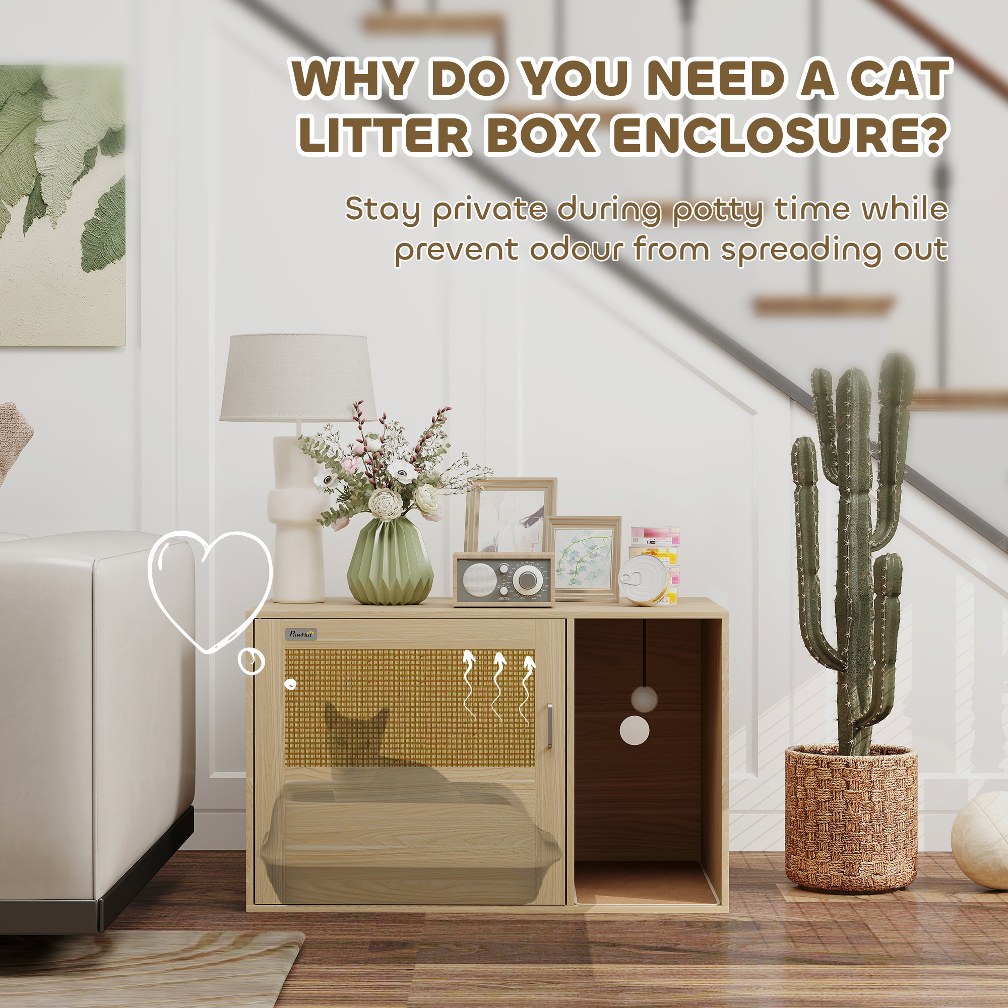Cat Litter Box Enclosure, Cat Washroom End Side Table with Rattan Door, Scratching Pad, Non-slip Foot Pads, Oak - Image 5