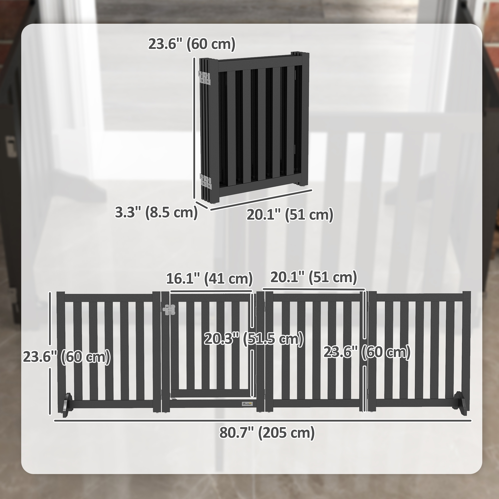Foldable Dog Gate with Door, 4 Panels Fressstanding Pet Gate, Black