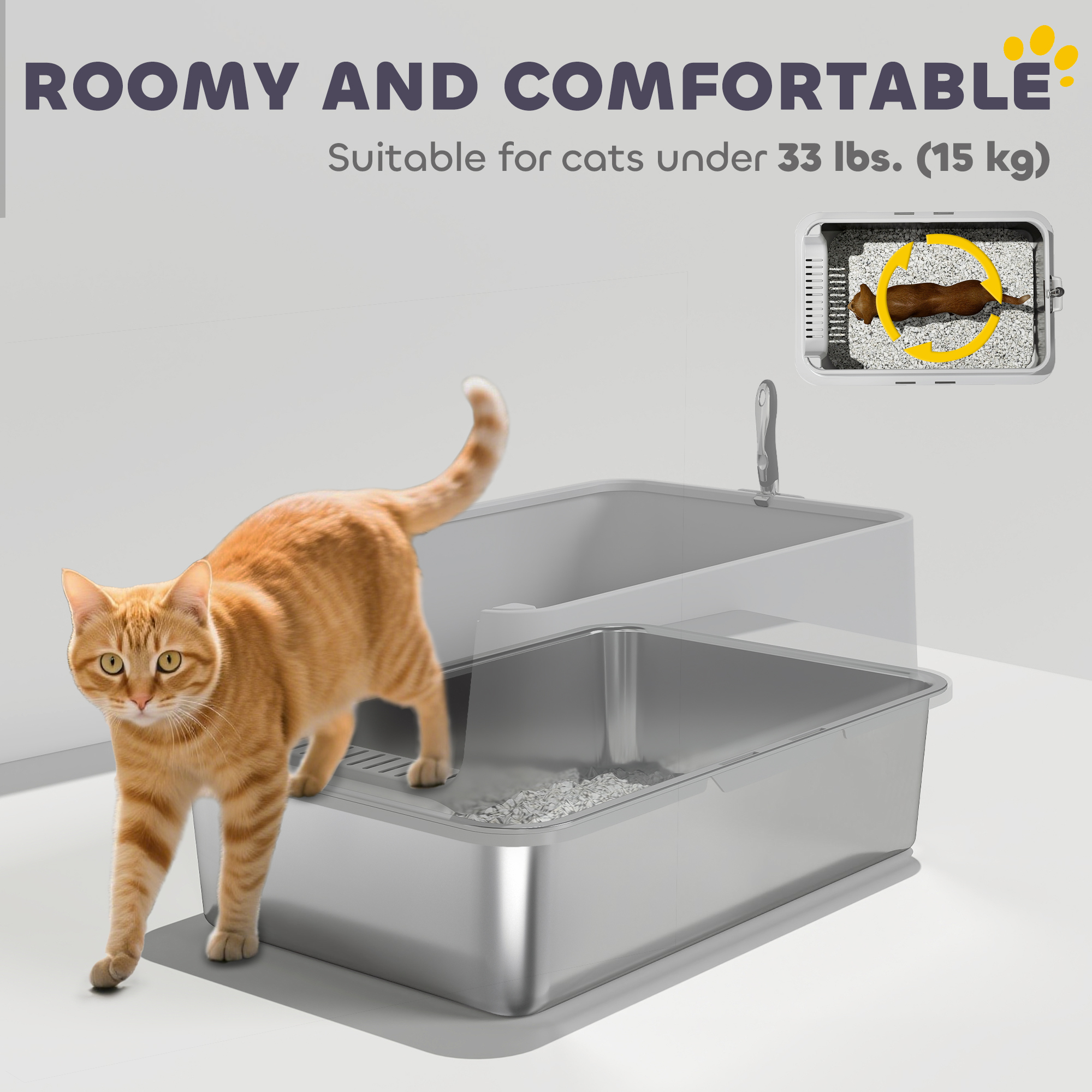 XL Stainless Steel Cat Litter Box for Big and Multiple Cats with High Wall Side, Scoop, Easy Cleaning & Odor Free