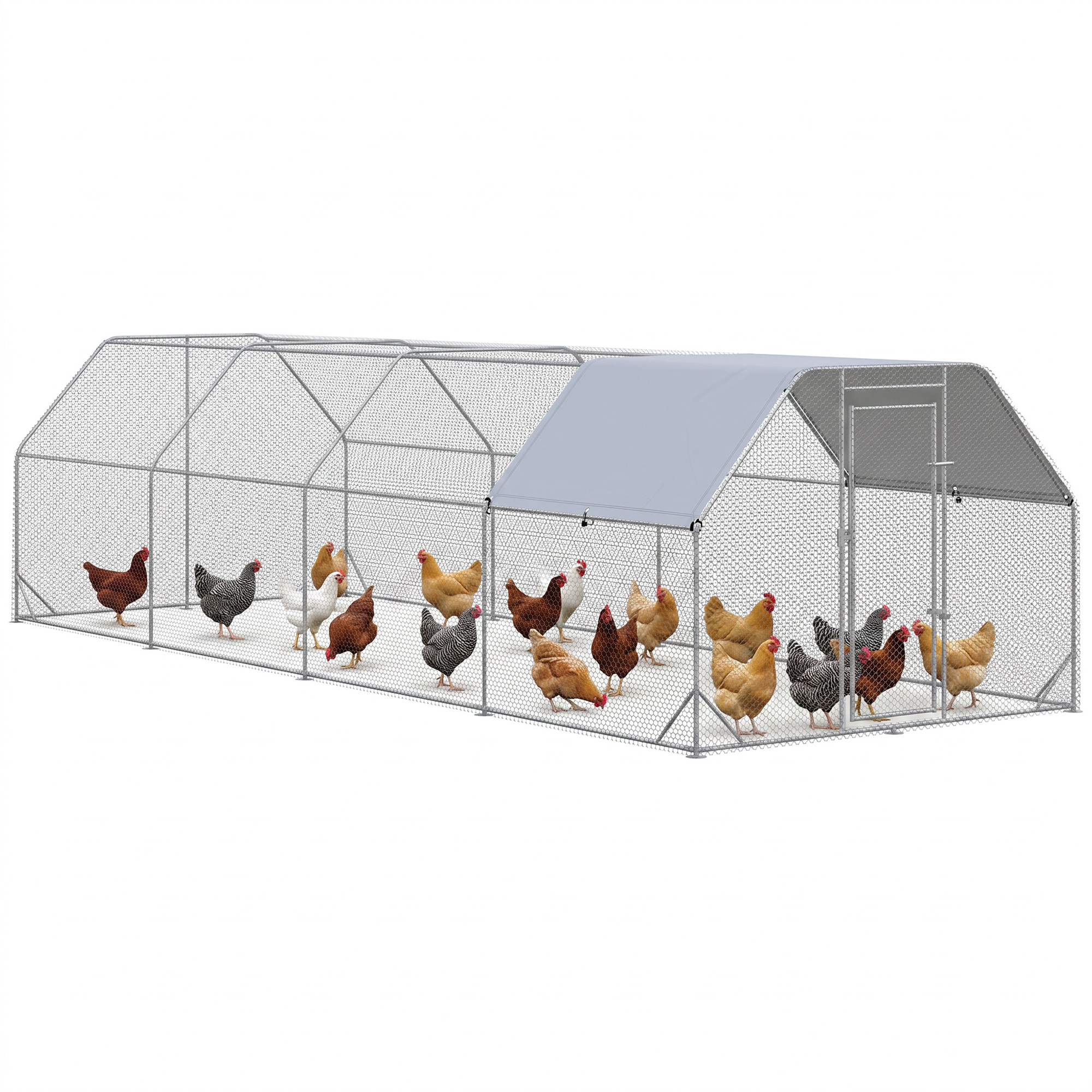 Chicken Run Outdoor, Galvanized Large Metal Chicken Coop Cage, Walk-in Enclosure Poultry Hen Run House Playpen Rabbit Hutch with Flat Roof, Cover, 9.2'x24.9'x6.5',Silver