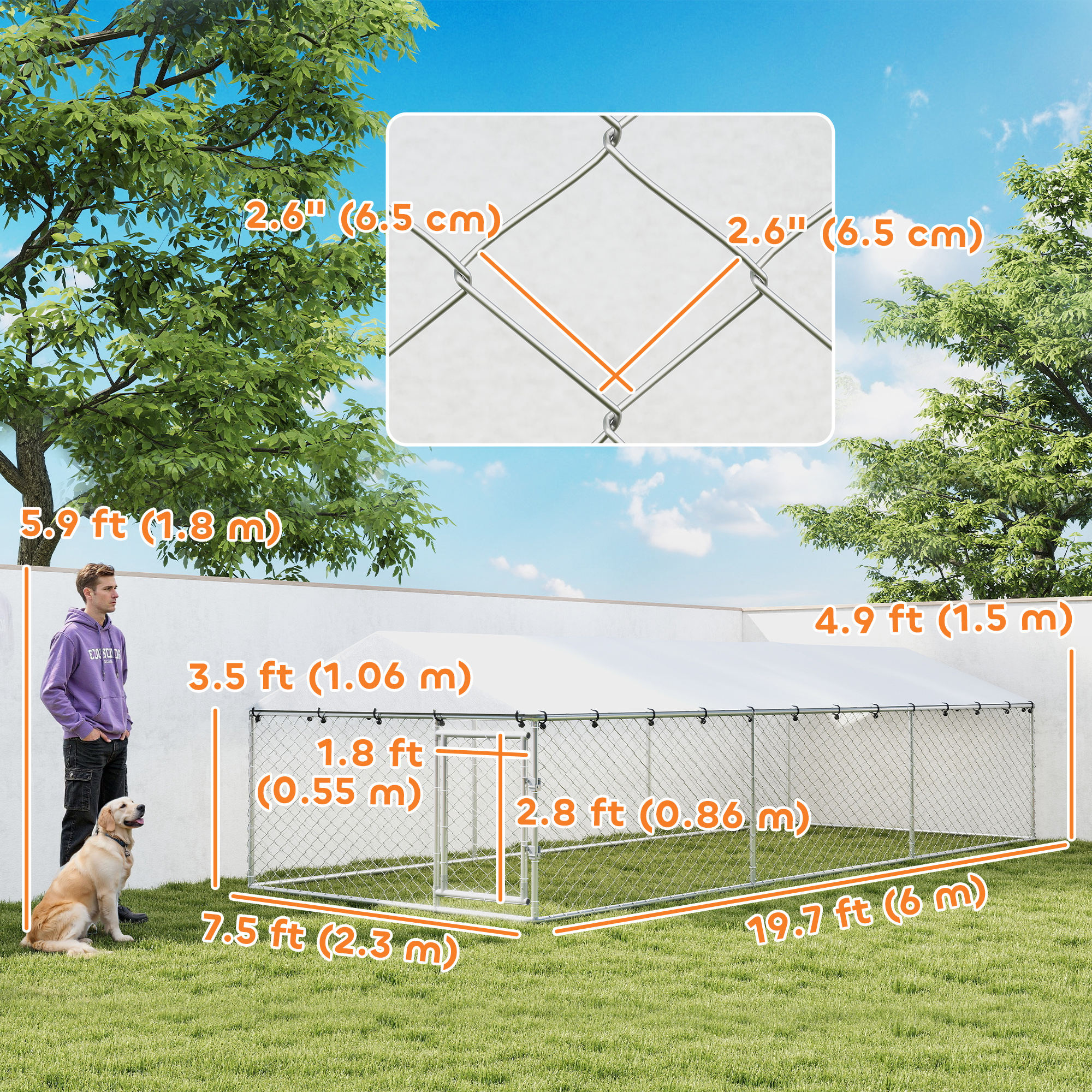 19.7' x 7.5' x 4.9' Outdoor Dog Kennel Heavy Duty Galvanized Steel Chain Link with UV-resistant Roof, Silver