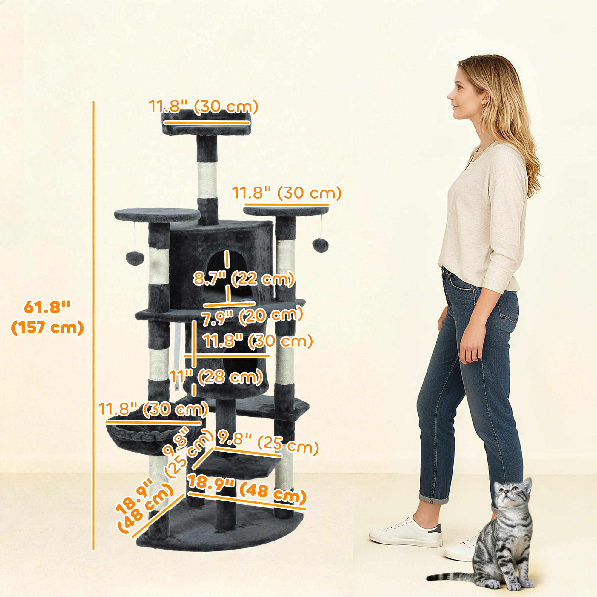 62" Cat Tree with Scratching Post, 2 Condos, Hammock, Perches, Plush, Pompoms, for Indoor Cats, Dark Grey - Image 3