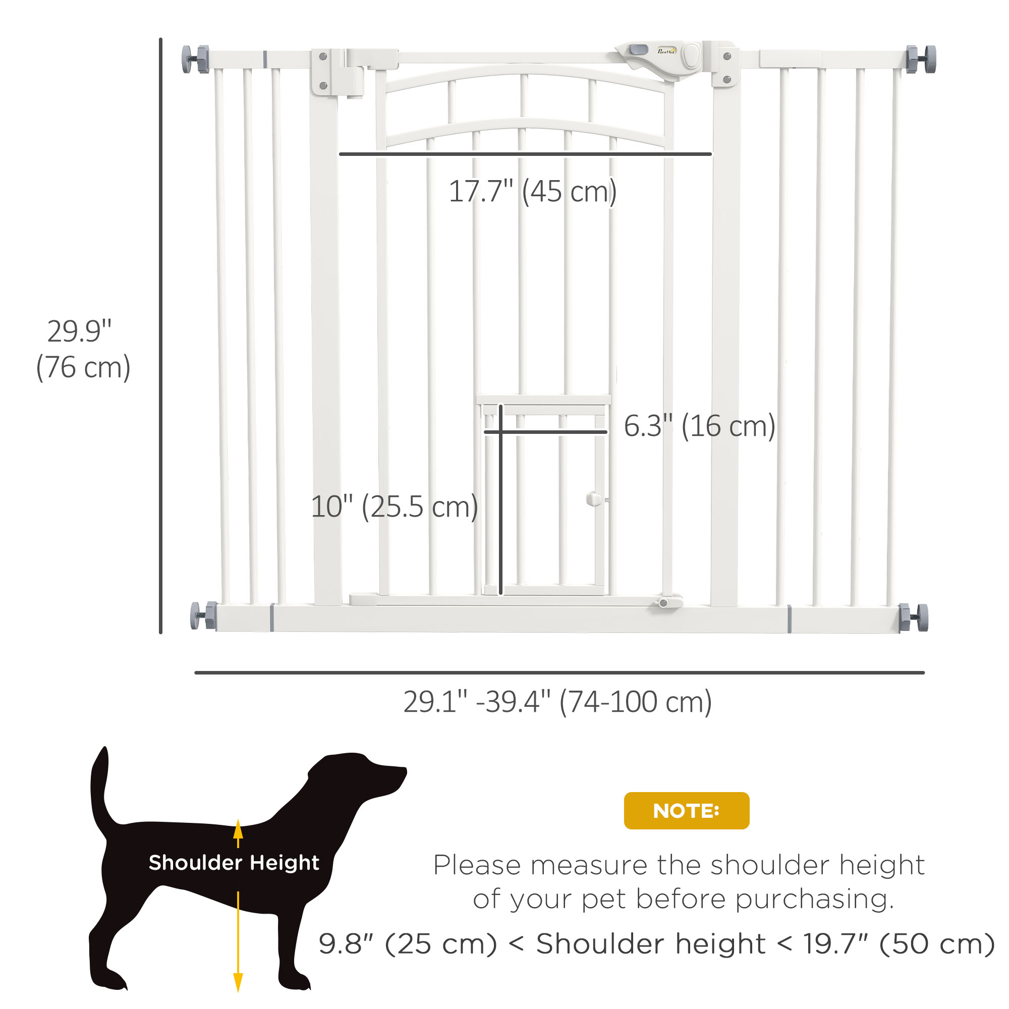 Auto-Close Pet Gate, Stair Gate with Cat Door, Double Locking for Doorways Hallways Stairs, Fits 29"-39.4" Wide, White