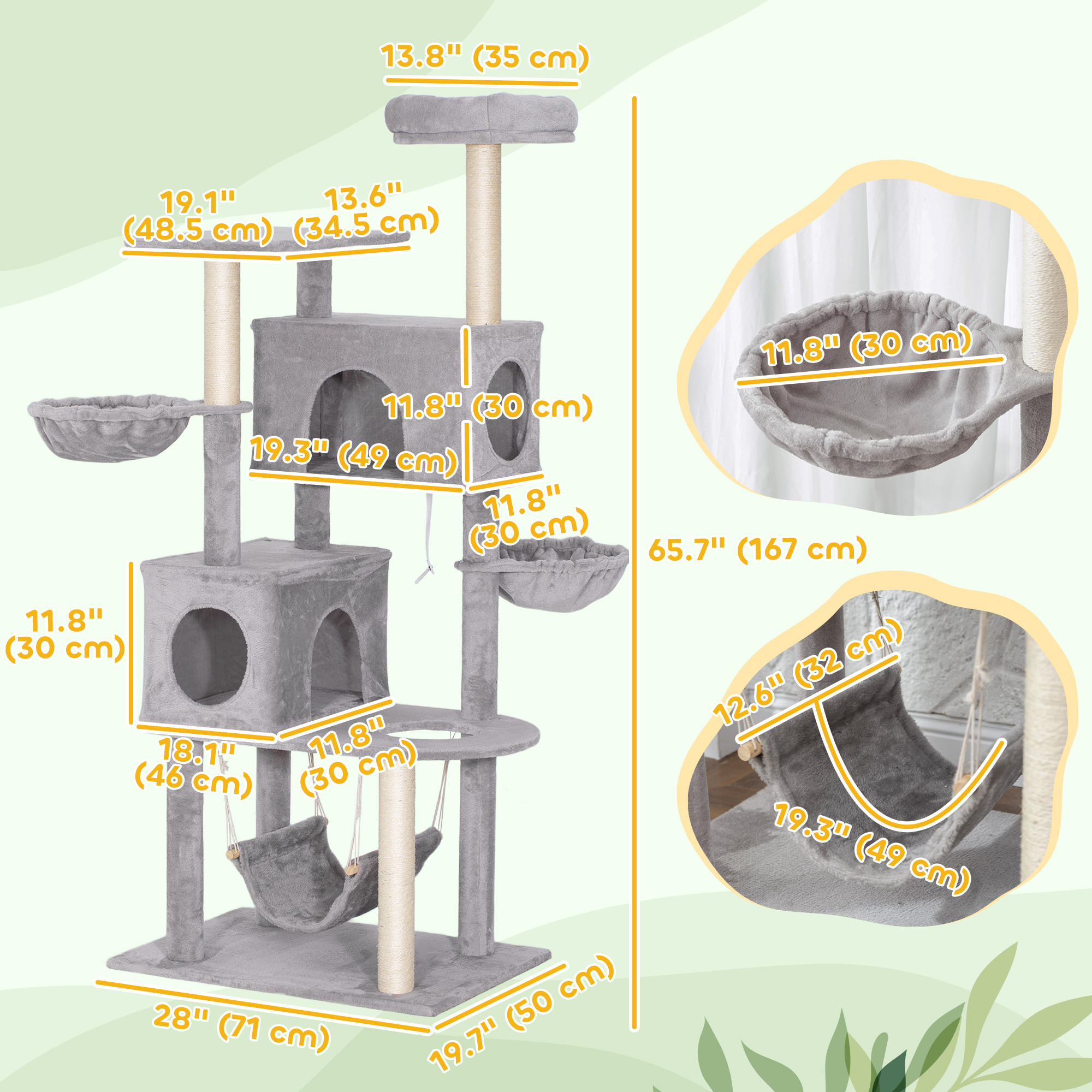66 Inch Large Cat Tree with 2 Door Condos, 3 Big Hammocks, Plush Top Perch, Sisal Scratching Posts, Light Grey